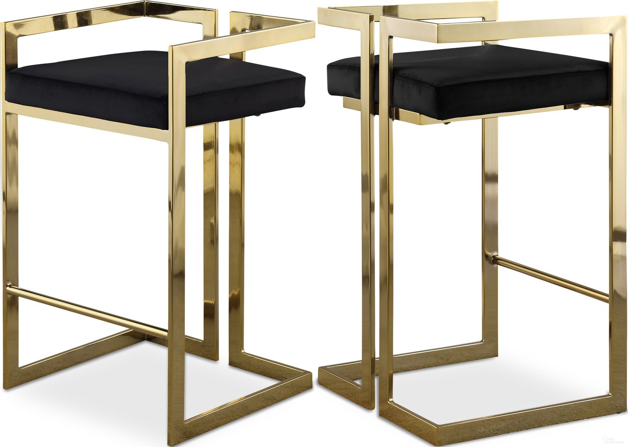 The appearance of Ezra Velvet Stool Set of 2 In Black/Gold designed by Meridian in the modern / contemporary interior design. This black piece of furniture was selected by 1StopBedrooms from Ezra Collection to add a touch of cosiness and style into your home. Sku: 912Black-C. Material: Velvet.