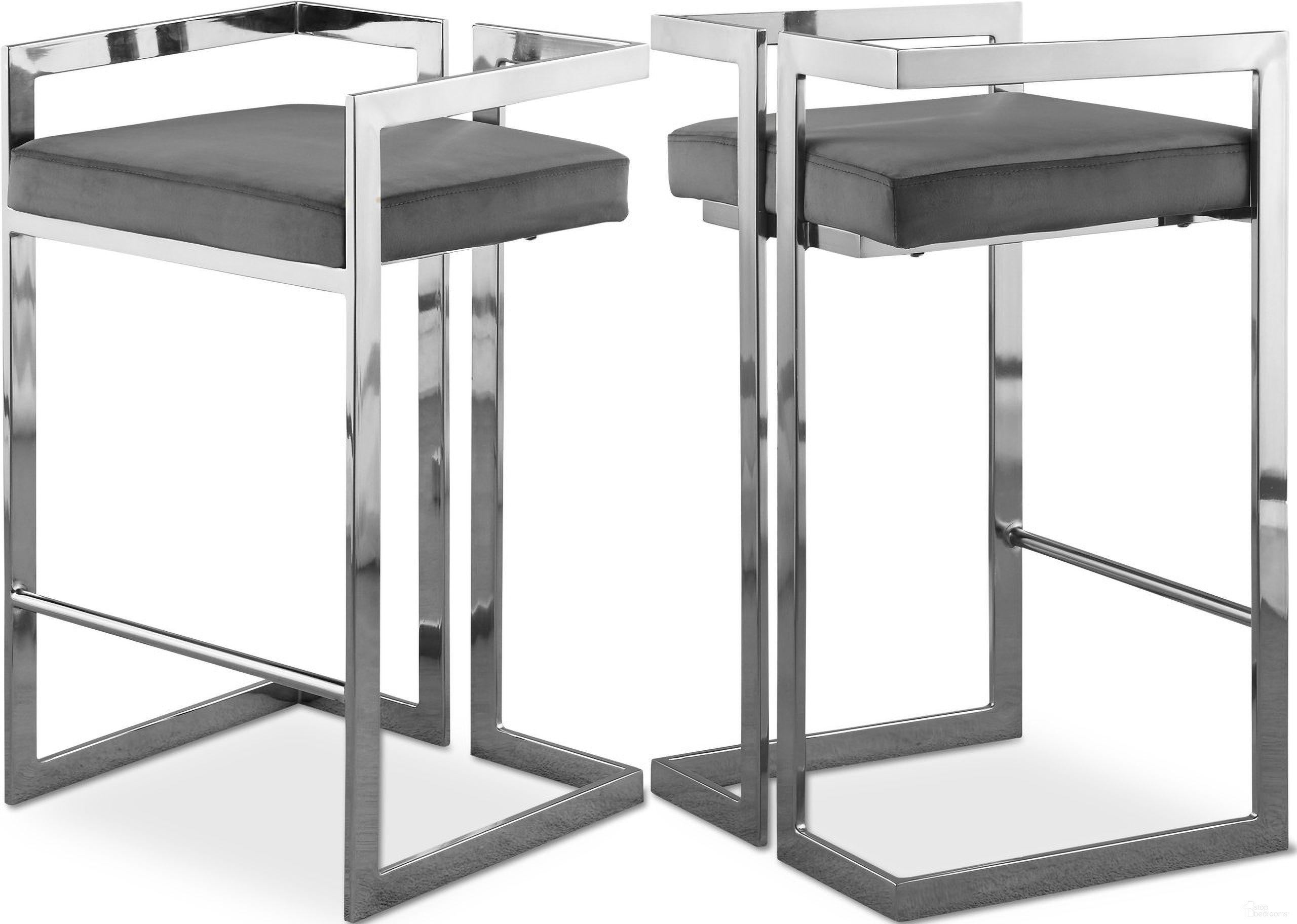 The appearance of Ezra Velvet Stool Set of 2 In Grey/Chrome designed by Meridian in the modern / contemporary interior design. This grey piece of furniture was selected by 1StopBedrooms from Ezra Collection to add a touch of cosiness and style into your home. Sku: 909Grey-C. Material: Velvet.