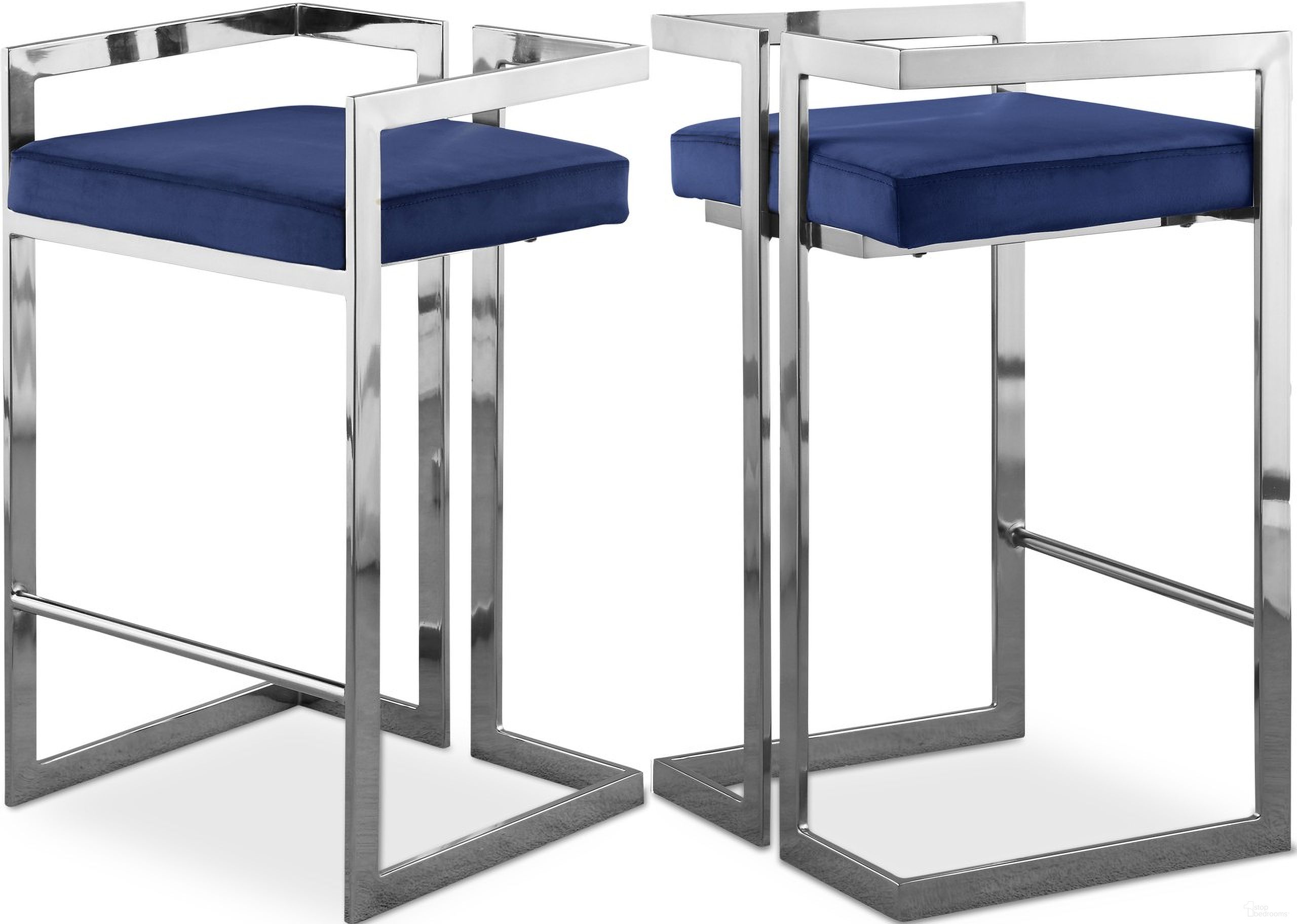 The appearance of Ezra Velvet Stool Set of 2 In Navy/Chrome designed by Meridian in the modern / contemporary interior design. This navy piece of furniture was selected by 1StopBedrooms from Ezra Collection to add a touch of cosiness and style into your home. Sku: 909Navy-C. Material: Velvet.