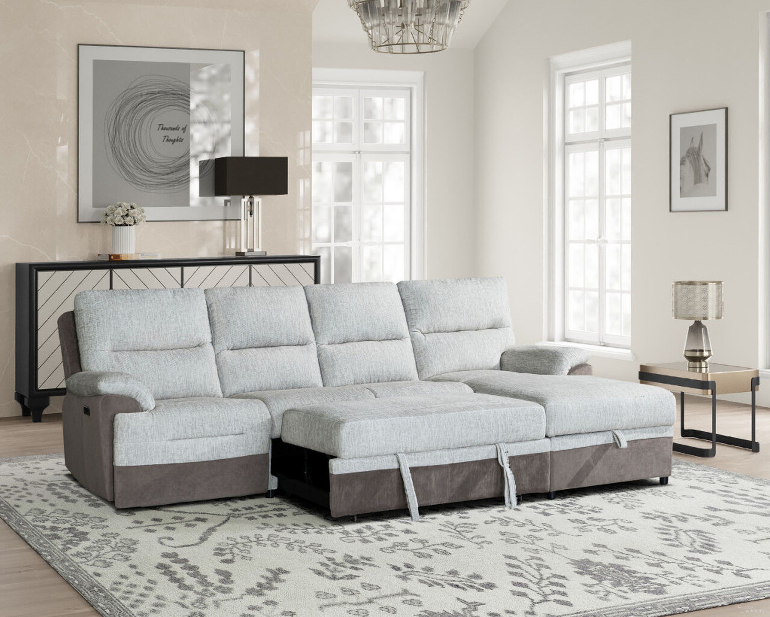 The appearance of Fabric Sleeper L Shaped Three Piece Sofa and Storage Chaise Sectional In Beige and Brown designed by Homeroots in the transitional interior design. This beige and brown piece of furniture was selected by 1StopBedrooms from to add a touch of cosiness and style into your home. Sku: 564422. Material: Polyester.