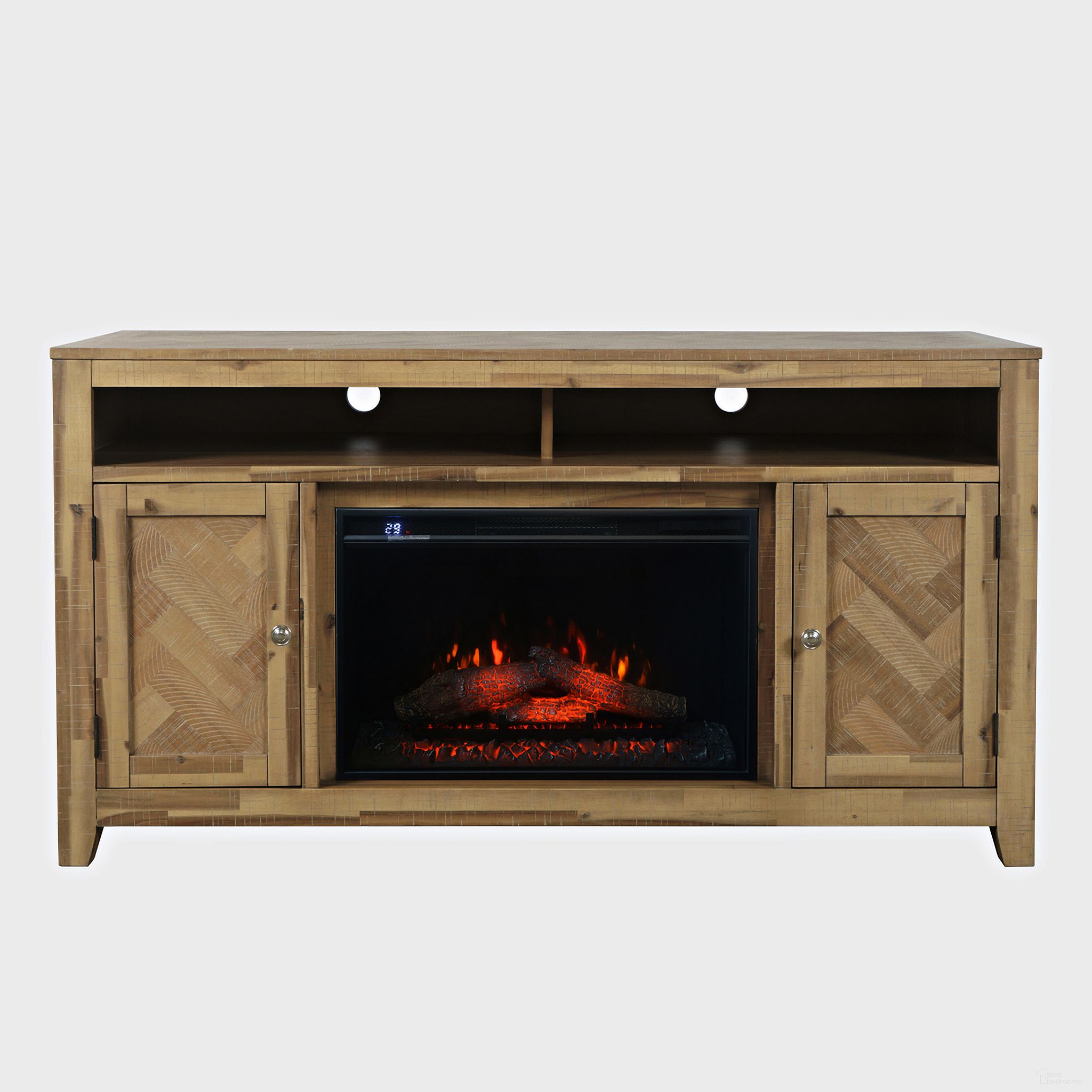 Fairview 60 Inch Chevron Fireplace Storage Console TV Stand with Electric Fireplace In Light Brown
