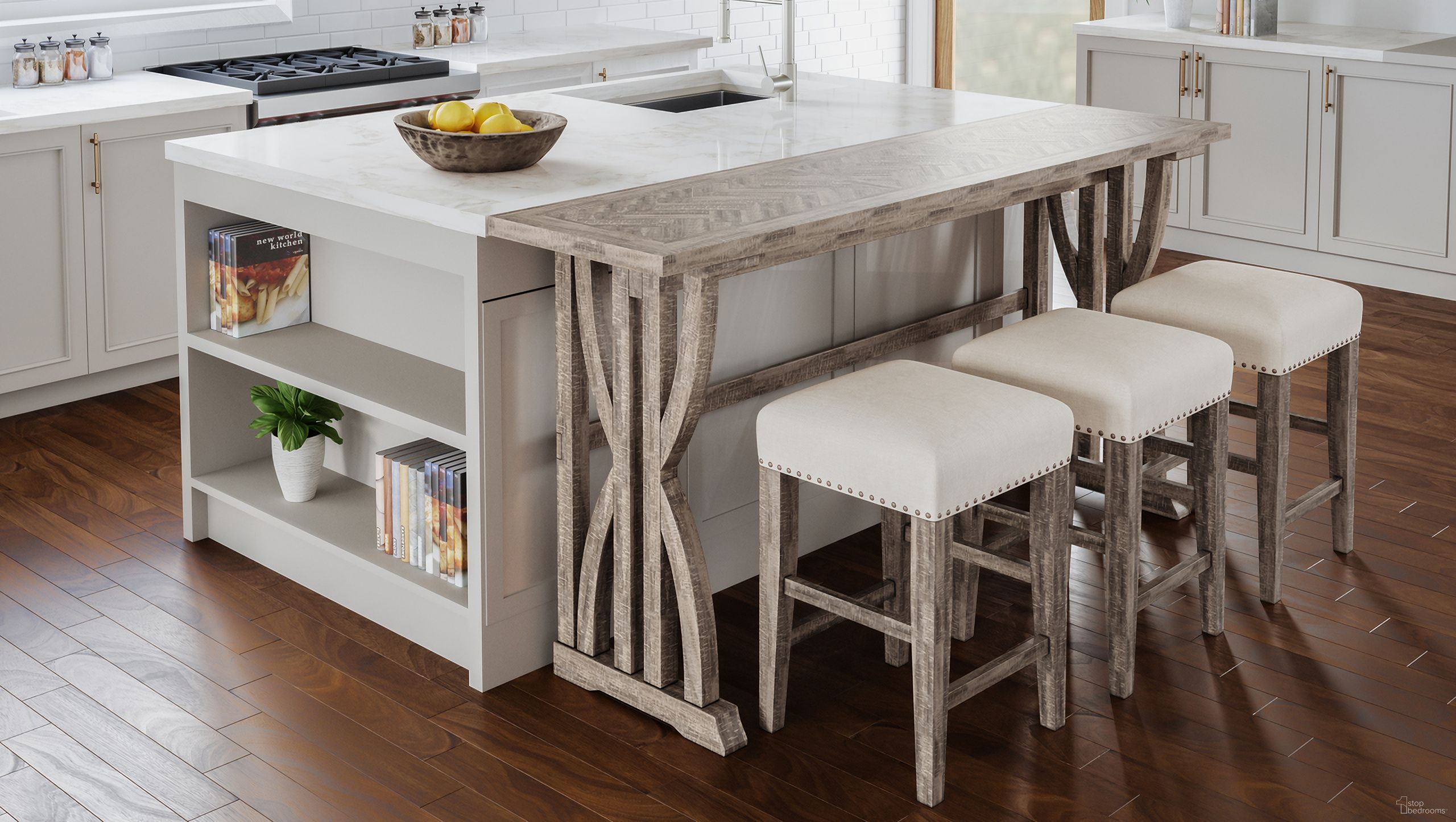 The appearance of Fairview Herringbone 74 Inch 4 Piece Counter Height Console Dining Table Set In Ash designed by Jofran in the transitional interior design. This ash piece of furniture was selected by 1StopBedrooms from Fairview Collection to add a touch of cosiness and style into your home. Sku: 1933-74. Material: Acacia.