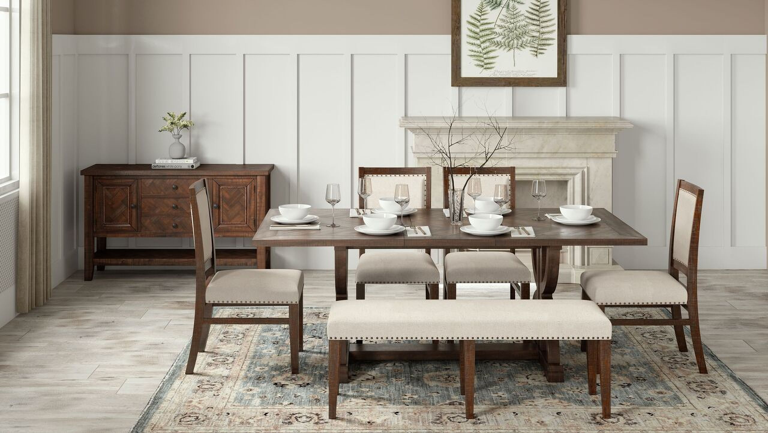 The appearance of Fairview 78 Inch 6 Piece Upholstered Dining Set with Bench In Oak designed by Jofran in the modern / contemporary interior design. This oak piece of furniture  was selected by 1StopBedrooms from Fairview Collection to add a touch of cosiness and style into your home. Sku: 1931-78T;1931-78BDNG;1931-385KD;1931-385KD;1931-52KD. Material: Acacia.