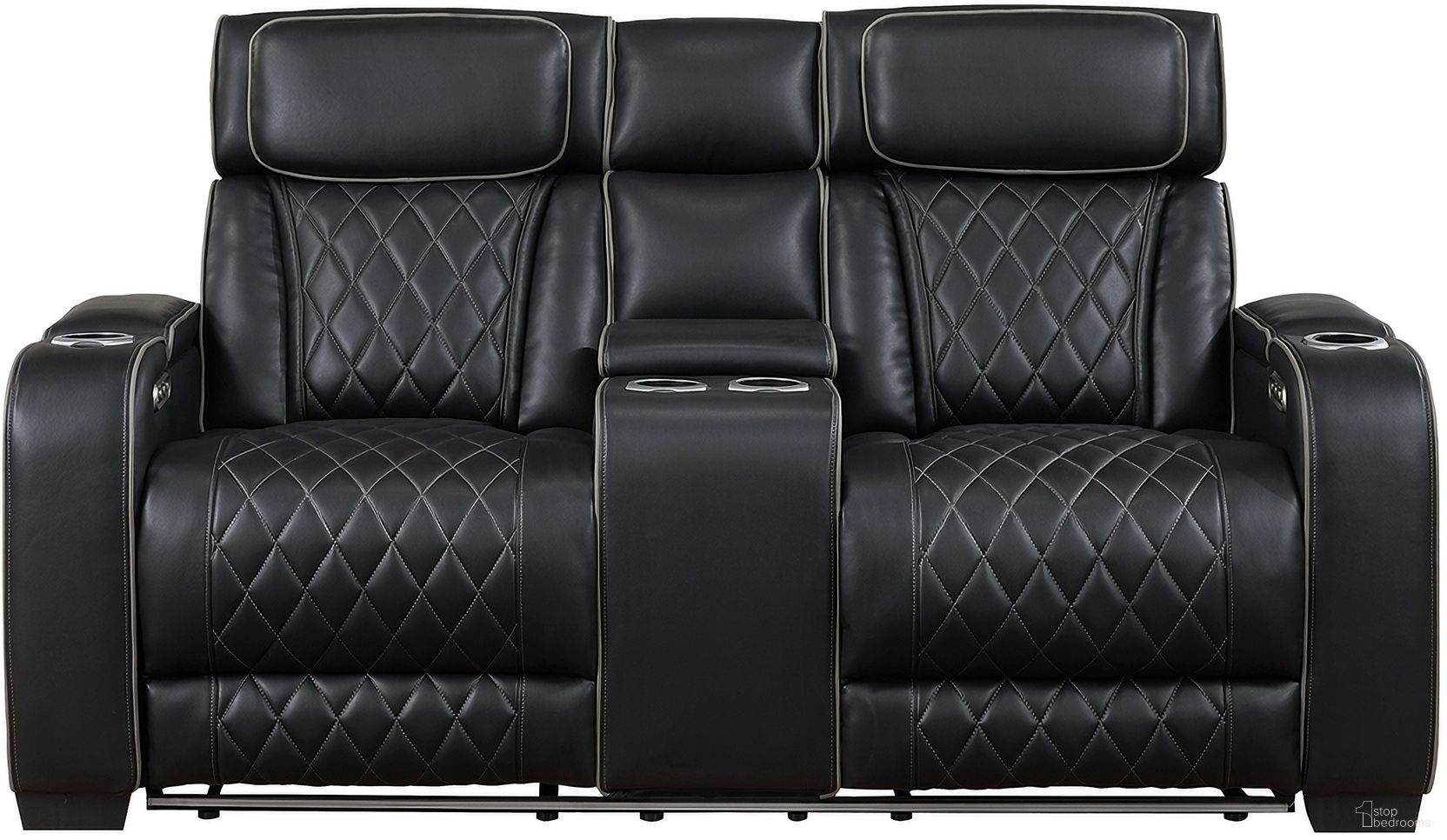 The appearance of Fairway Power Double Reclining Loveseat with Center Console and Power Headrests In Black designed by Homelegance in the modern / contemporary interior design. This black piece of furniture was selected by 1StopBedrooms from Fairway Collection to add a touch of cosiness and style into your home. Sku: 9516BLK-2PWH. Material: Faux Leather.