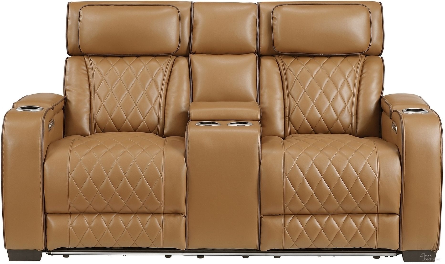 The appearance of Fairway Power Double Reclining Loveseat with Center Console and Power Headrests In Brown designed by Homelegance in the modern / contemporary interior design. This brown piece of furniture was selected by 1StopBedrooms from Fairway Collection to add a touch of cosiness and style into your home. Sku: 9516BRW-2PWH. Material: Faux Leather.