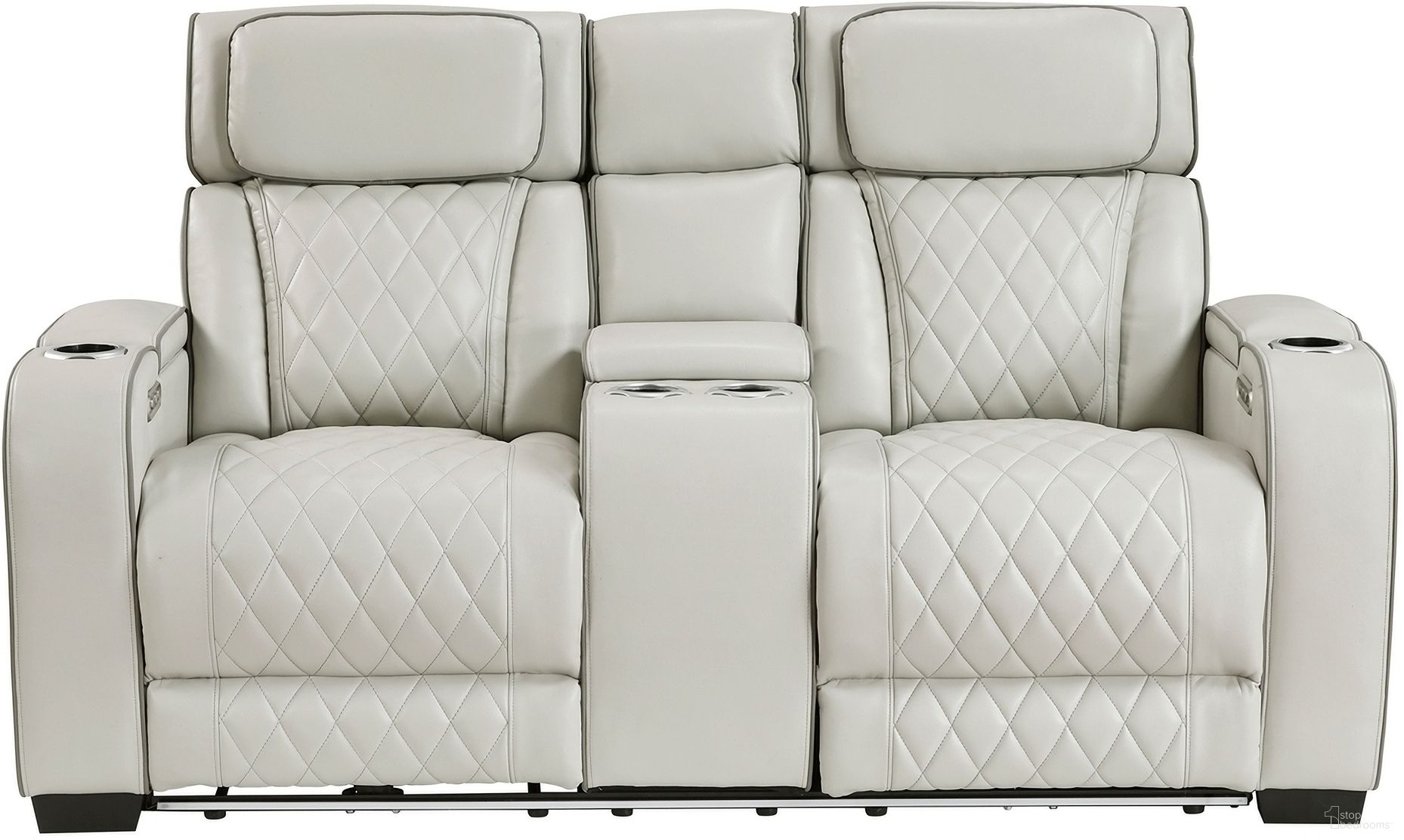 The appearance of Fairway Power Double Reclining Loveseat with Center Console and Power Headrests In Gray designed by Homelegance in the modern / contemporary interior design. This gray piece of furniture was selected by 1StopBedrooms from Fairway Collection to add a touch of cosiness and style into your home. Sku: 9516TPE-2PWH. Material: Faux Leather.