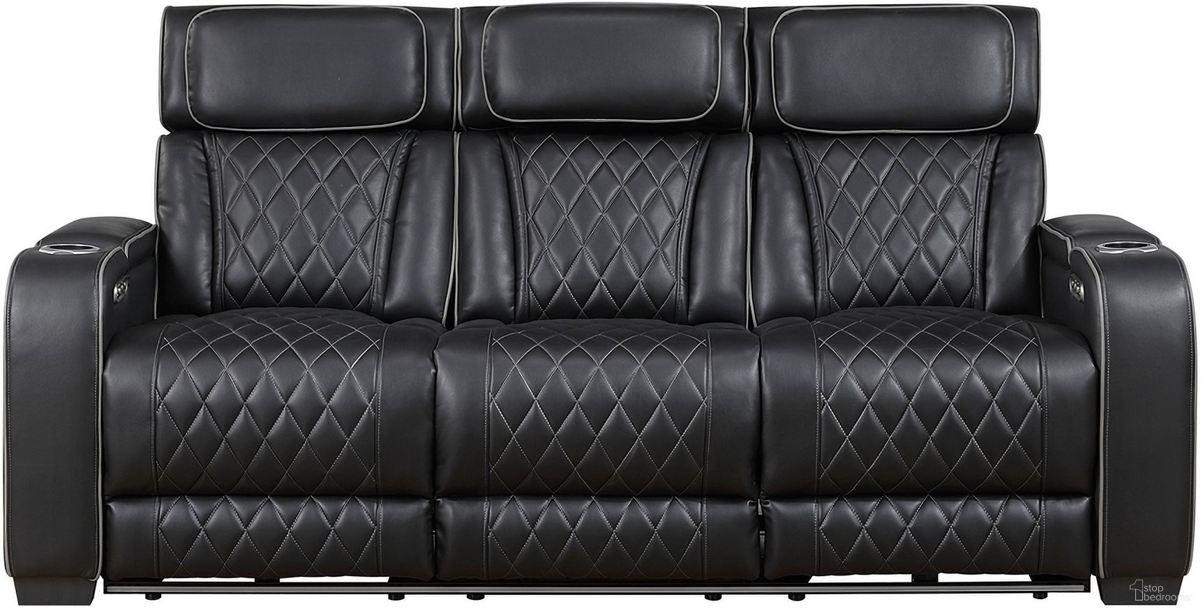 The appearance of Fairway Power Double Reclining Sofa with Center Drop-Down Cup Holders and Power Headrests In Black designed by Homelegance in the modern / contemporary interior design. This black piece of furniture was selected by 1StopBedrooms from Fairway Collection to add a touch of cosiness and style into your home. Sku: 9516BLK-3PWH. Material: Faux Leather.
