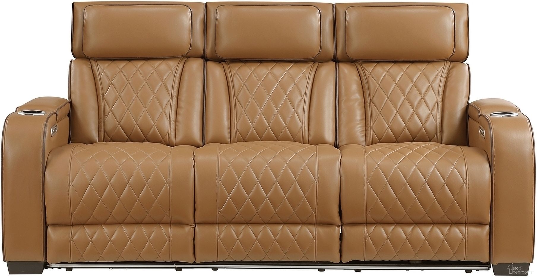 The appearance of Fairway Power Double Reclining Sofa with Center Drop-Down Cup Holders and Power Headrests In Brown designed by Homelegance in the modern / contemporary interior design. This brown piece of furniture was selected by 1StopBedrooms from Fairway Collection to add a touch of cosiness and style into your home. Sku: 9516BRW-3PWH. Material: Faux Leather.