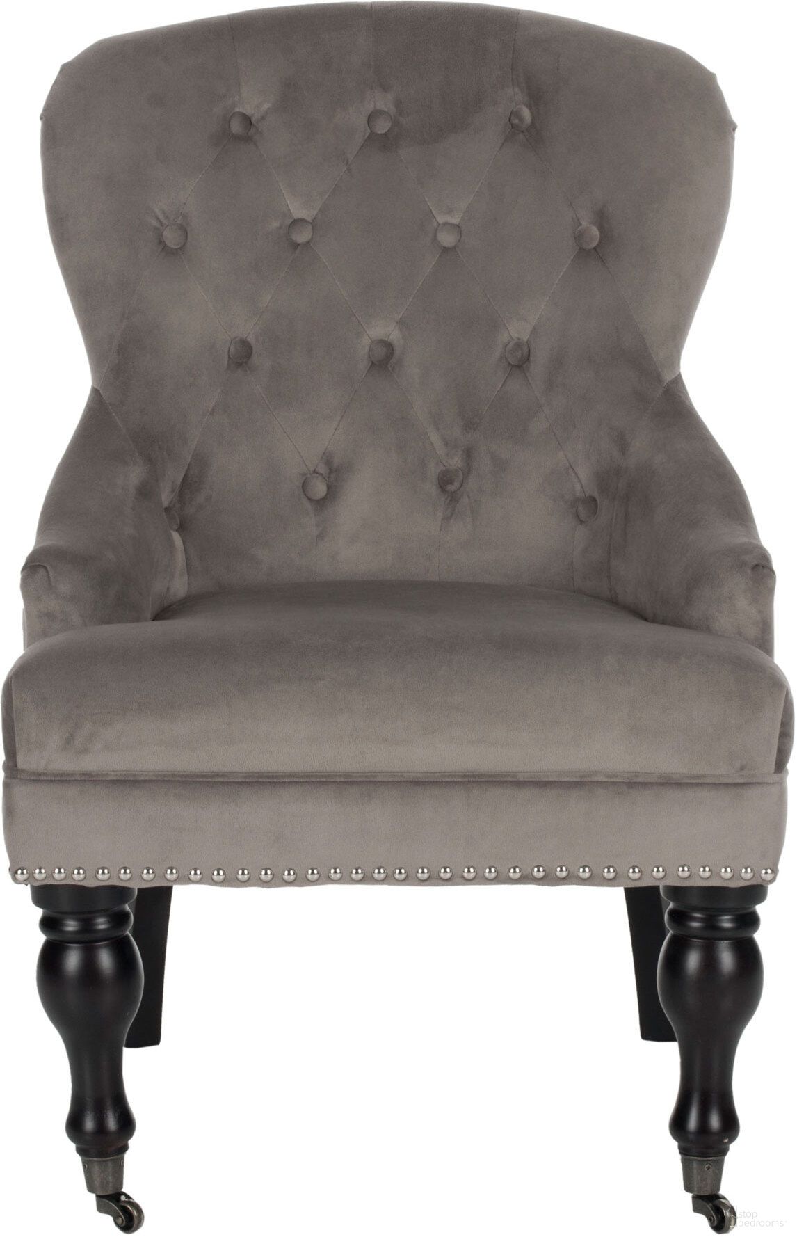 The appearance of Falcon Tufted Arm Chair with Silver Nail Heads in Mushroom designed by Safavieh in the traditional interior design. This mushroom piece of furniture  was selected by 1StopBedrooms from Falcon Collection to add a touch of cosiness and style into your home. Sku: MCR4544D. Material: Wood.