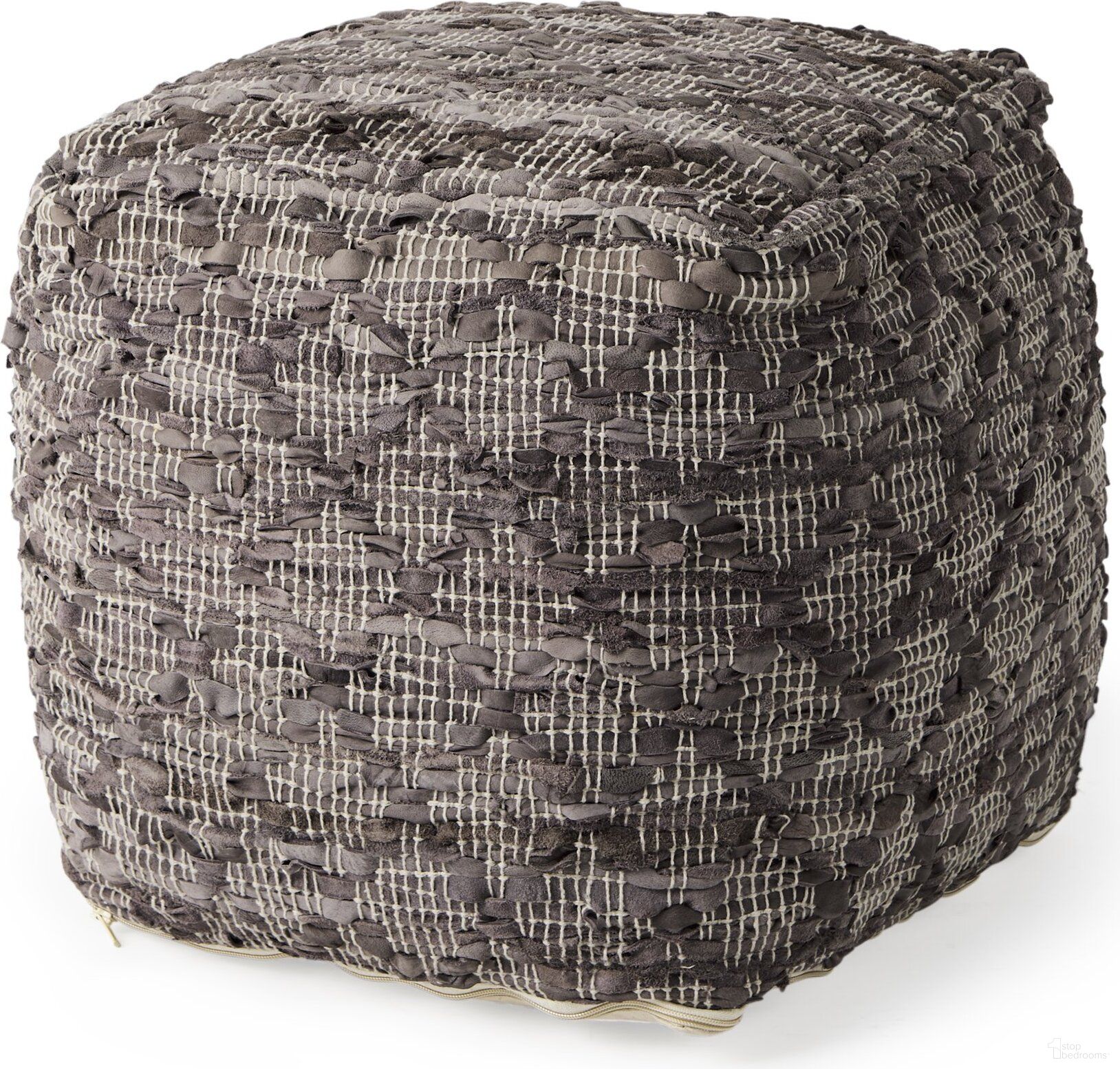 The appearance of Falguni Leather and Cotton Patterned Pouf In Gray designed by Mercana in the transitional interior design. This gray piece of furniture  was selected by 1StopBedrooms from Falguni Collection to add a touch of cosiness and style into your home. Sku: 69521. Material: Cotton.