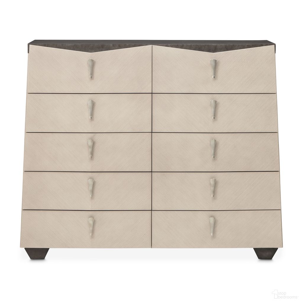 The appearance of Fantosini 10-Drawer Mule Chest In Silver Mist designed by Michael Amini in the modern / contemporary interior design. This silver mist piece of furniture  was selected by 1StopBedrooms from Fantosini Collection to add a touch of cosiness and style into your home. Sku: 9091070SA-823. Material: Solid Wood.