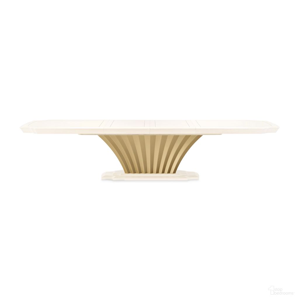 The appearance of Fantosini Pedestal Dining Table In Creamy Pearl designed by Michael Amini in the modern / contemporary interior design. This creamy pearl piece of furniture was selected by 1StopBedrooms from Fantosini Collection to add a touch of cosiness and style into your home. Sku: 9091002B-836;9091002T-112. Table Base Style: Pedestal. Table Top Shape: Rectangular. Size: 46" x 92". Material: Solid Wood.