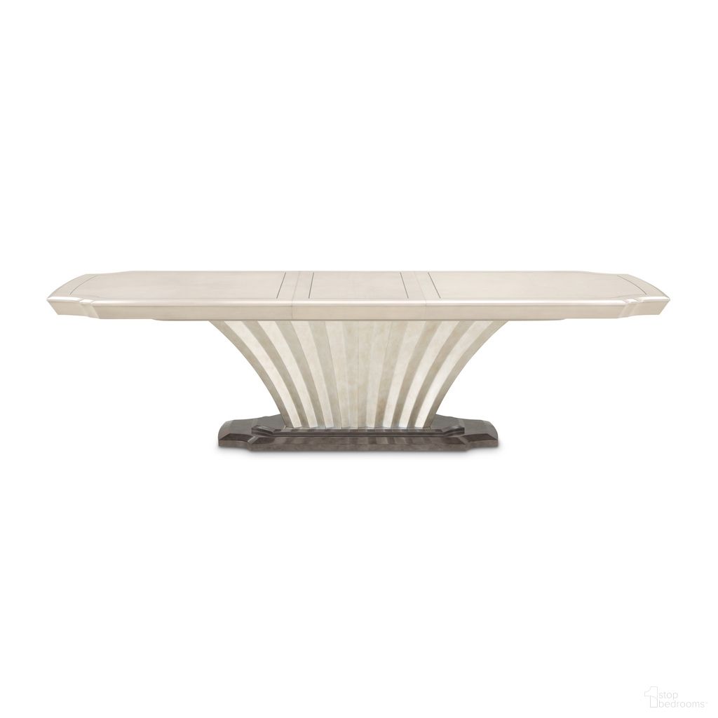 The appearance of Fantosini Pedestal Dining Table In Silver Mist designed by Michael Amini in the modern / contemporary interior design. This silver mist piece of furniture was selected by 1StopBedrooms from Fantosini Collection to add a touch of cosiness and style into your home. Sku: 9091002T-823;9091002B-834. Table Base Style: Pedestal. Table Top Shape: Rectangular. Size: 46" x 92". Material: Solid Wood.