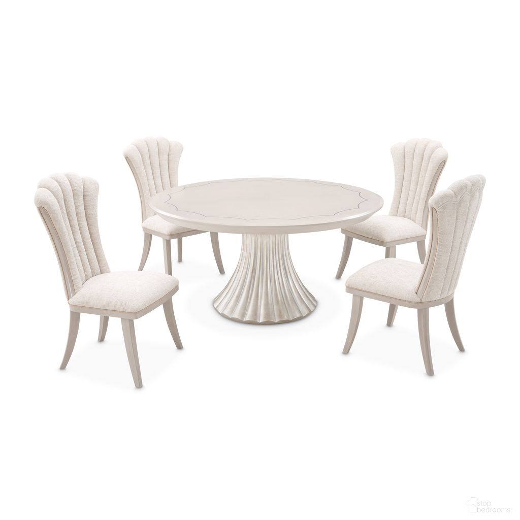 The appearance of Fantosini Round Dining Room Set In Silver Mist designed by Michael Amini in the modern / contemporary interior design. This silver mist piece of furniture was selected by 1StopBedrooms from Fantosini Collection to add a touch of cosiness and style into your home. Sku: 9091001T-823;9091001B-834;9091003-823. Table Top Shape: Round. Size: 60". Material: Solid Wood.