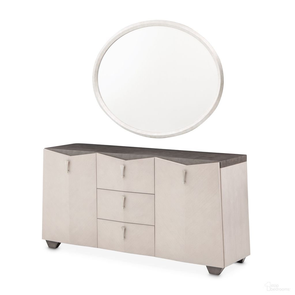 The appearance of Fantosini Sideboard with Mirror In Silver Mist designed by Michael Amini in the modern / contemporary interior design. This silver mist piece of furniture was selected by 1StopBedrooms from Fantosini Collection to add a touch of cosiness and style into your home. Sku: 9091007-823;9091260-834. Material: Solid Wood.