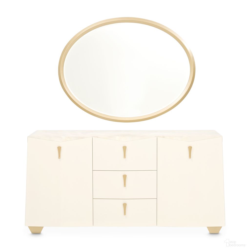 The appearance of Fantosini Sideboard with Wall Mirror In Creamy Pearl designed by Michael Amini in the modern / contemporary interior design. This creamy pearl piece of furniture was selected by 1StopBedrooms from Fantosini Collection to add a touch of cosiness and style into your home. Sku: 9091007-112;9091260-836. Material: Solid Wood.
