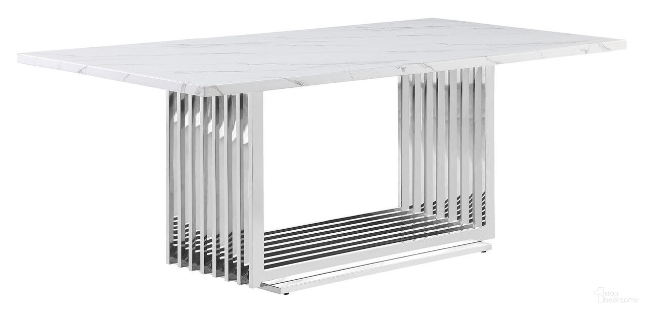 The appearance of Farai 79 Inch Dining Table In White Marble and Stainless Steel Base designed by Best Quality Furniture in the modern / contemporary interior design. This white/stainless steel piece of furniture  was selected by 1StopBedrooms from Farai Collection to add a touch of cosiness and style into your home. Sku: D312-DTT;D312-DTB. Table Base Style: Trestle. Material: Marble. Table Top Shape: Rectangular. Size: 40" x 79".