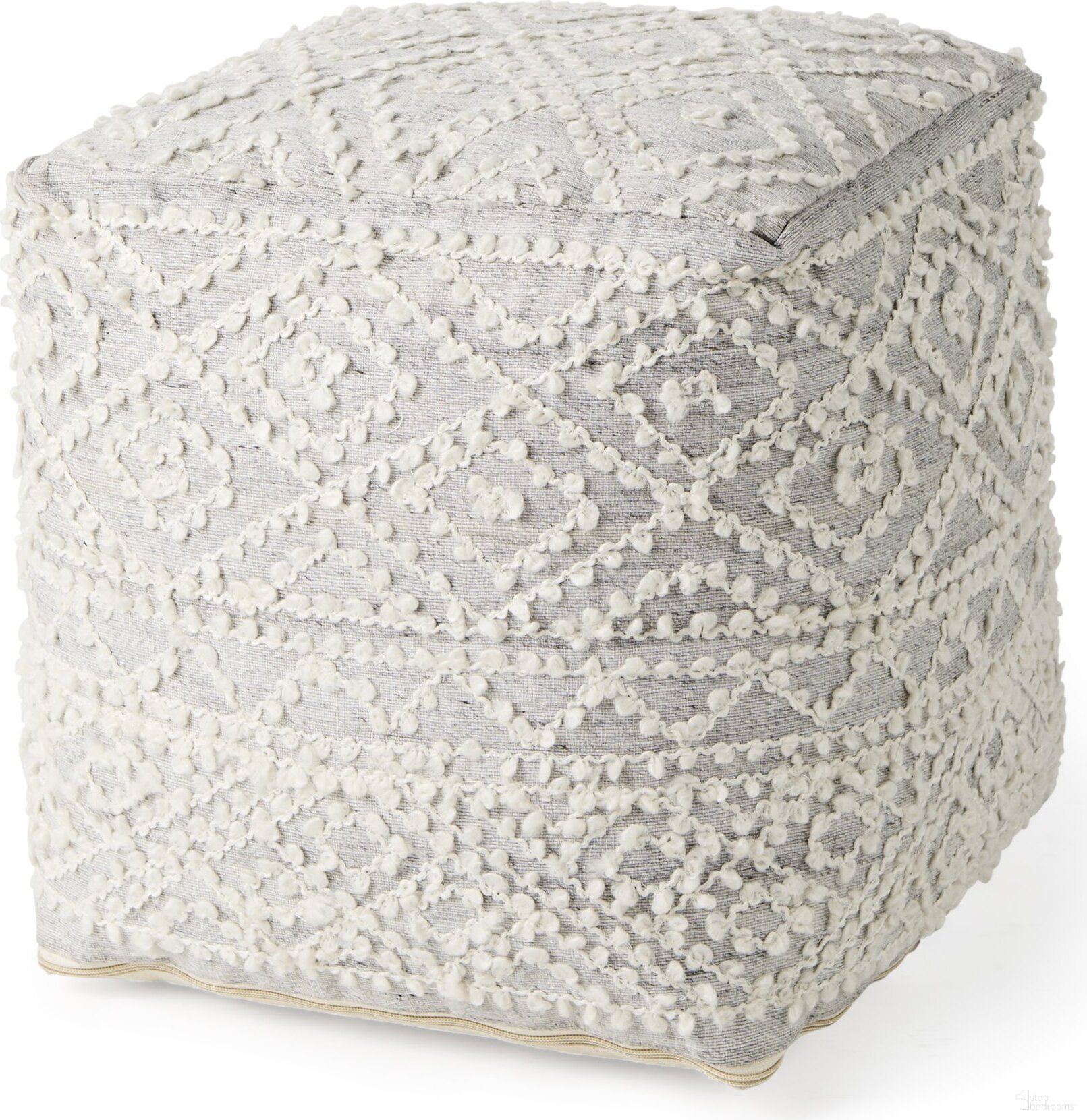 The appearance of Farida Wool and Polyester Patterned Pouf In Light Gray designed by Mercana in the transitional interior design. This light gray piece of furniture  was selected by 1StopBedrooms from Farida Collection to add a touch of cosiness and style into your home. Sku: 69522. Material: Wool.
