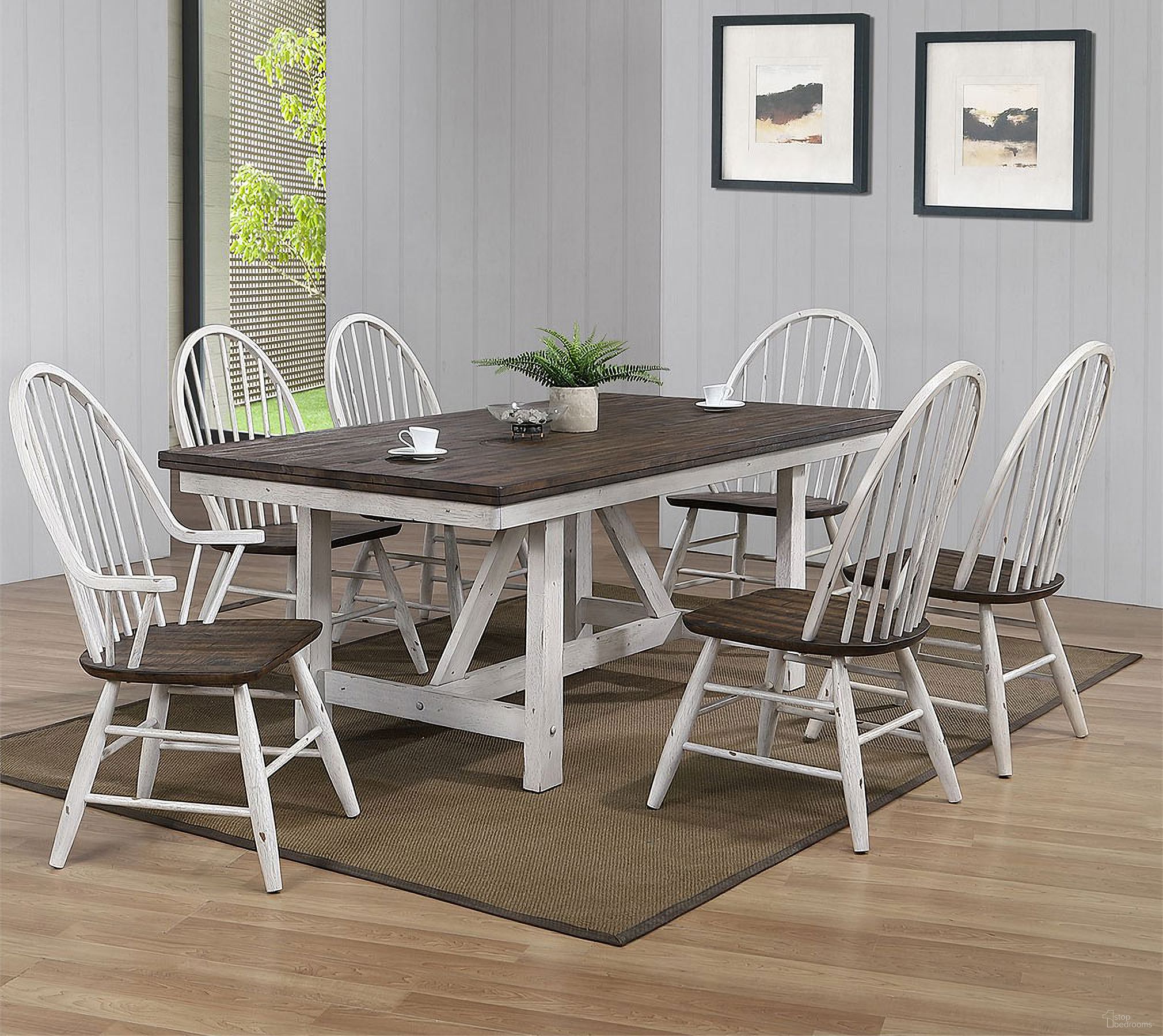 The appearance of Farmhouse Fixed Top Trestle Dining Room Set designed by Liberty in the transitional interior design. This white piece of furniture  was selected by 1StopBedrooms from Farmhouse Collection to add a touch of cosiness and style into your home. Sku: 139WH-T4078;139WH-C1000S. Table Base Style: Trestle. Table Top Shape: Rectangular. Material: Rubberwood. Size: 78" x 40".