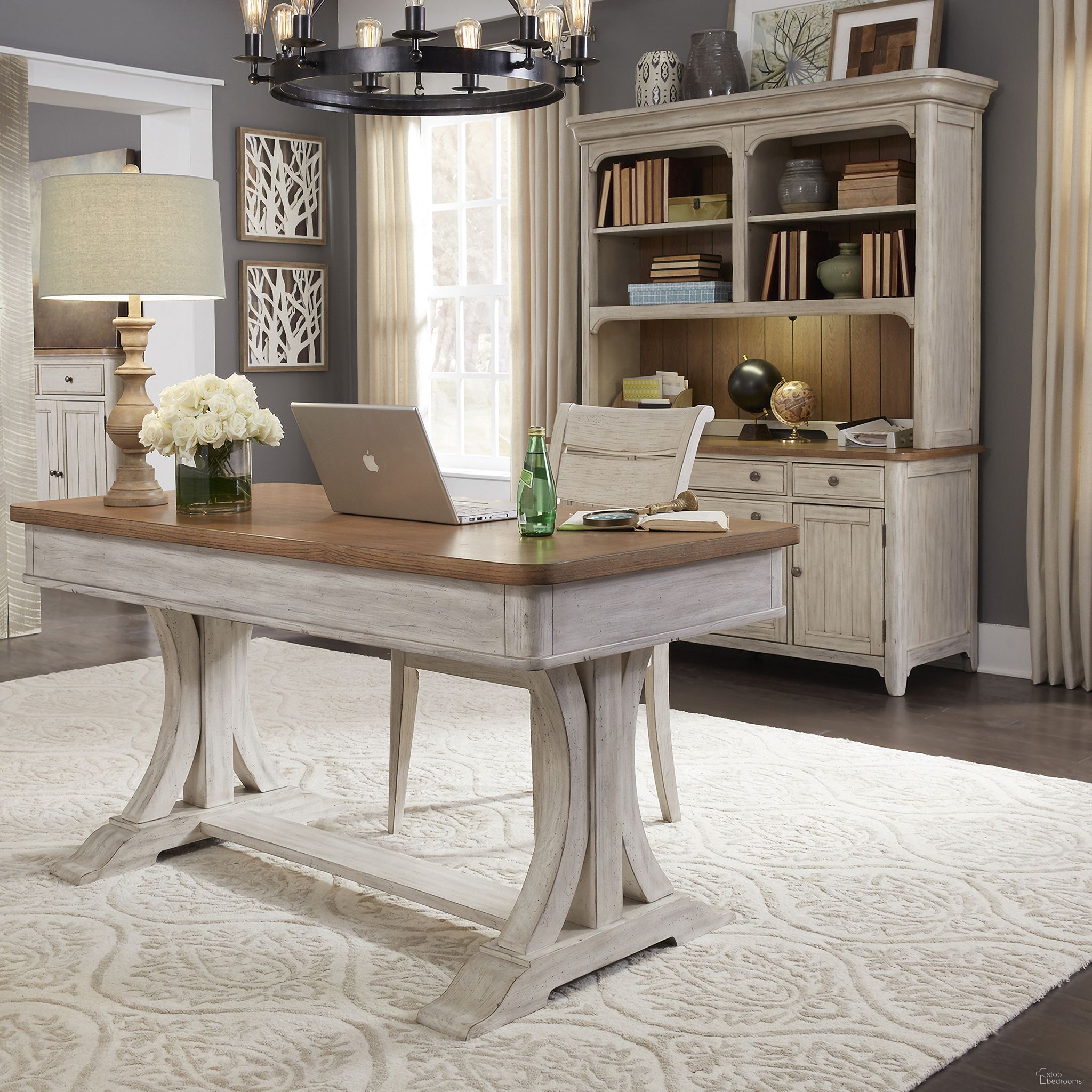 The appearance of Farmhouse Reimagined 3 Piece Desk and Hutch Set In Antique White With Chestnut Top designed by Liberty in the country / farmhouse interior design. This antique white piece of furniture  was selected by 1StopBedrooms from Farmhouse Reimagined Collection to add a touch of cosiness and style into your home. Sku: 652-HO107;652-HO120;652-HO131. Material: Wood Veneer.
