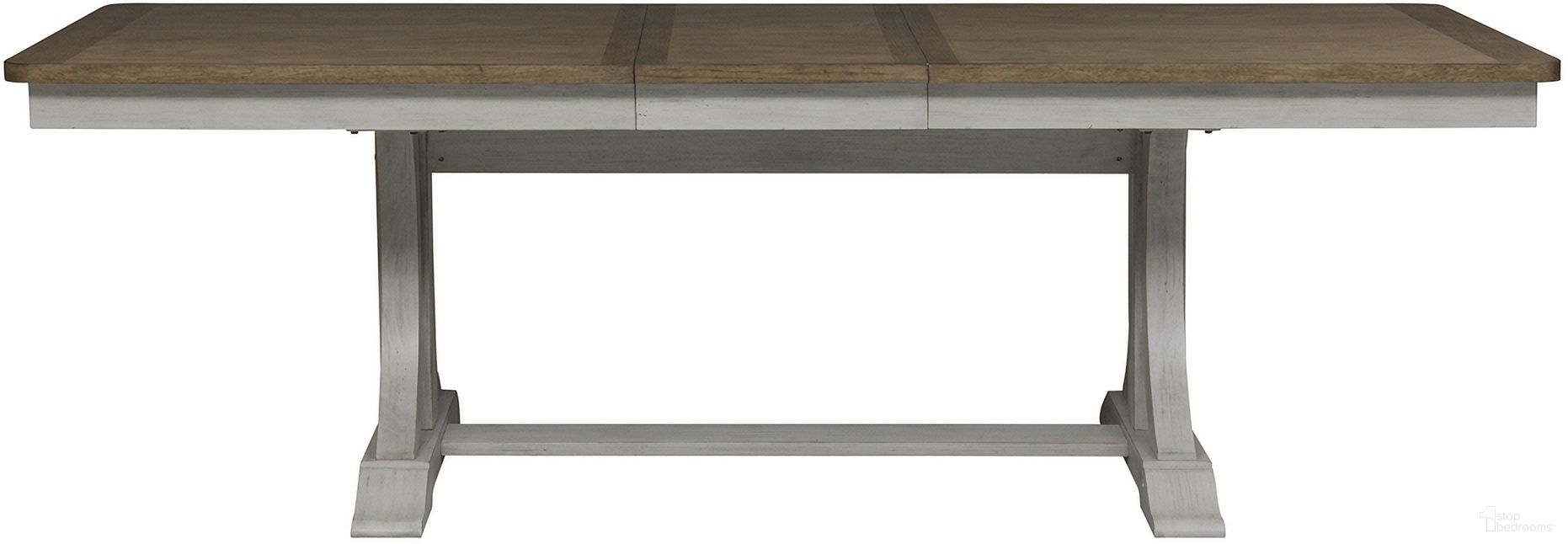 The appearance of Farmhouse Reimagined Trestle Table In Antique White designed by Liberty in the country / farmhouse interior design. This antique white piece of furniture was selected by 1StopBedrooms from Farmhouse Reimagined Collection to add a touch of cosiness and style into your home. Sku: 652-T4096;652-P4096. Table Base Style: Trestle. Table Top Shape: Rectangular. Size: 96" x 40". Material: Solid Rubberwood.