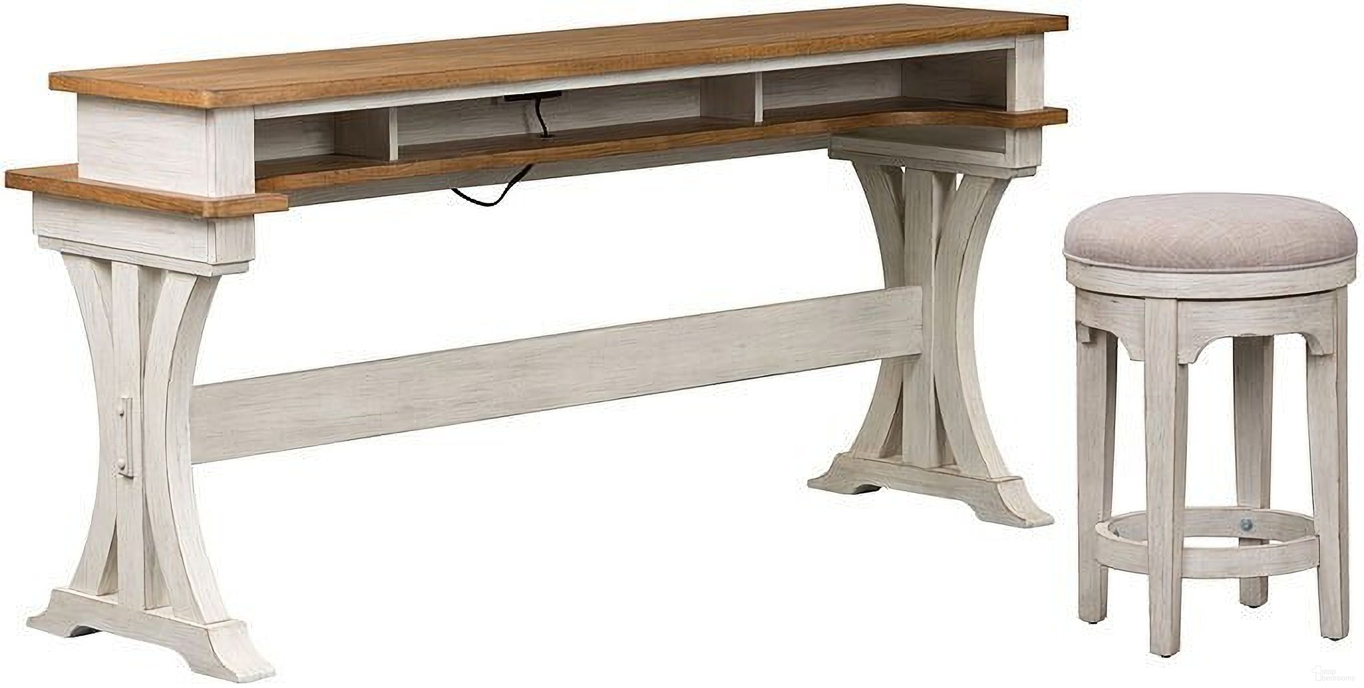 The appearance of Farmhouse Reimagined Console Bar Table Set designed by Liberty in the traditional interior design. This antique white and chestnut piece of furniture was selected by 1StopBedrooms from Farmhouse Reimagined Collection to add a touch of cosiness and style into your home. Sku: 652-OT7636;652-OT9003. Material: Pine.