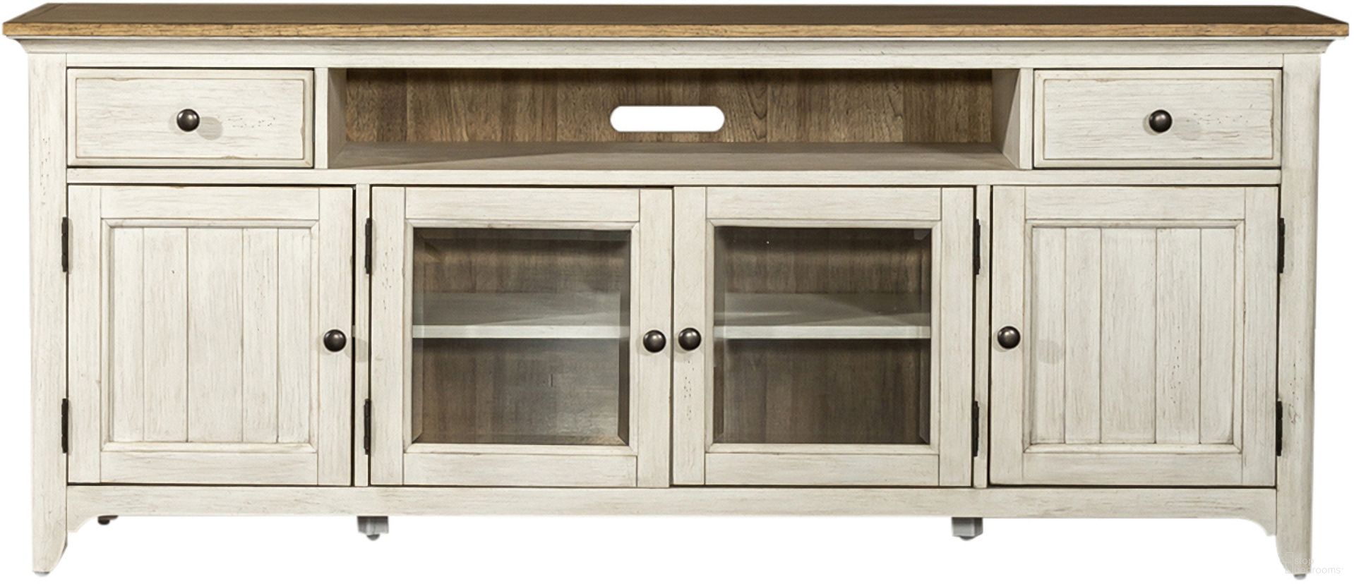 The appearance of Farmhouse Reimagined Entertainment Tv Stand designed by Liberty in the country / farmhouse interior design. This antique white and chestnut piece of furniture  was selected by 1StopBedrooms from Farmhouse Reimagined Collection to add a touch of cosiness and style into your home. Sku: 652-TV72. Material: Wood Veneer.