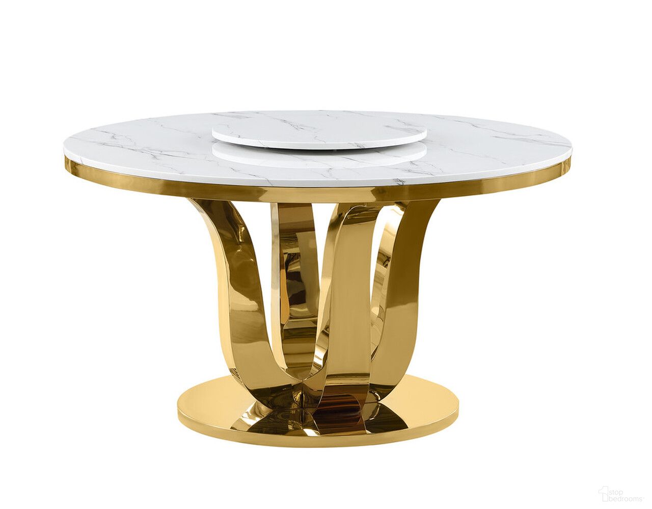 The appearance of Farrah Round Inch Dining Table In White Marble and Lazy Susan designed by Best Quality Furniture in the modern / contemporary interior design. This white piece of furniture  was selected by 1StopBedrooms from Farrah Collection to add a touch of cosiness and style into your home. Sku: D325-DTT;D325-DTB;D325-DT-LS. Table Base Style: Pedestal. Table Top Shape: Round. Material: Marble. Size: 54".