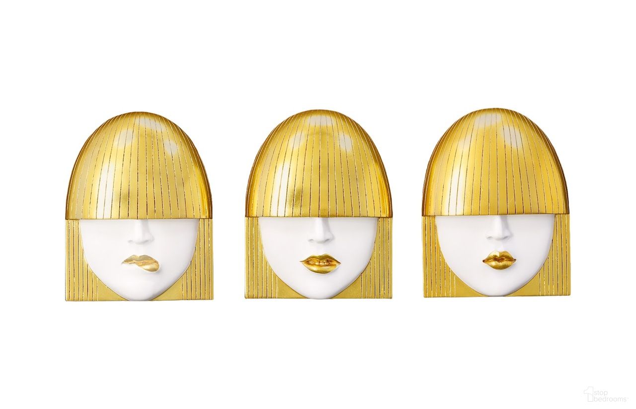 Fashion Faces Small Wall Art Sculptures Set of 3 In Gold and White