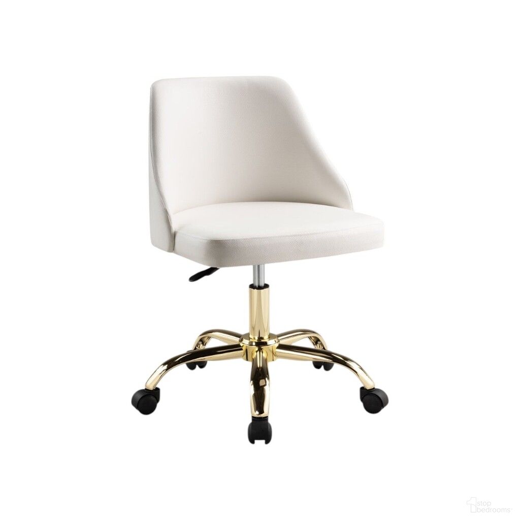 Faux Leather Adjustable Height Swivel Rolling Office Chair In White and Gold