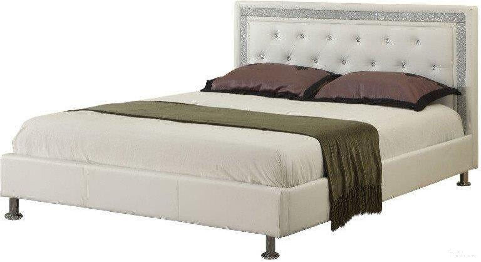 Faux Leather Queen Platform Bed With Crystal Tufted Buttons In White