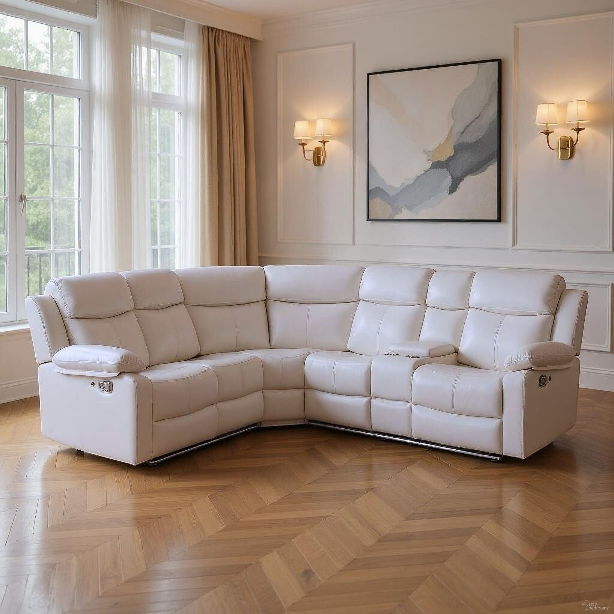 The appearance of Faux Leather Reclining Curved Six Piece Sectional with LED and Console In Off White designed by Homeroots in the modern / contemporary interior design. This off white piece of furniture was selected by 1StopBedrooms from to add a touch of cosiness and style into your home. Sku: 643711. Material: Leather. Layout: L-Shape.
