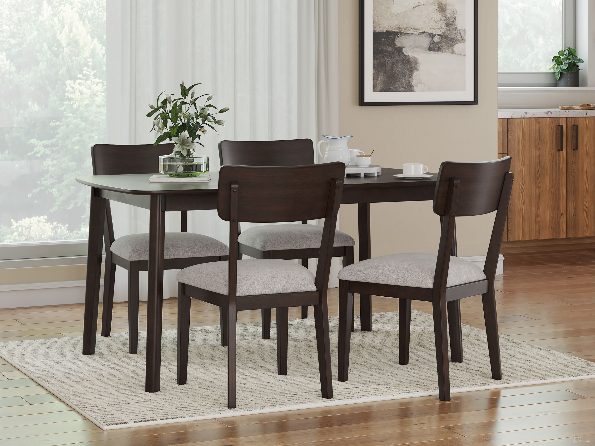 The appearance of Favelon Dining Table and 4 Chairs In Merlot designed by Signature Design by Ashley in the transitional interior design. This merlot piece of furniture was selected by 1StopBedrooms from Favelon Collection to add a touch of cosiness and style into your home. Sku: NCD607-225. Table Base Style: Legs. Material: Fabric. Table Top Shape: Rectangular. Size: 37" x 48".