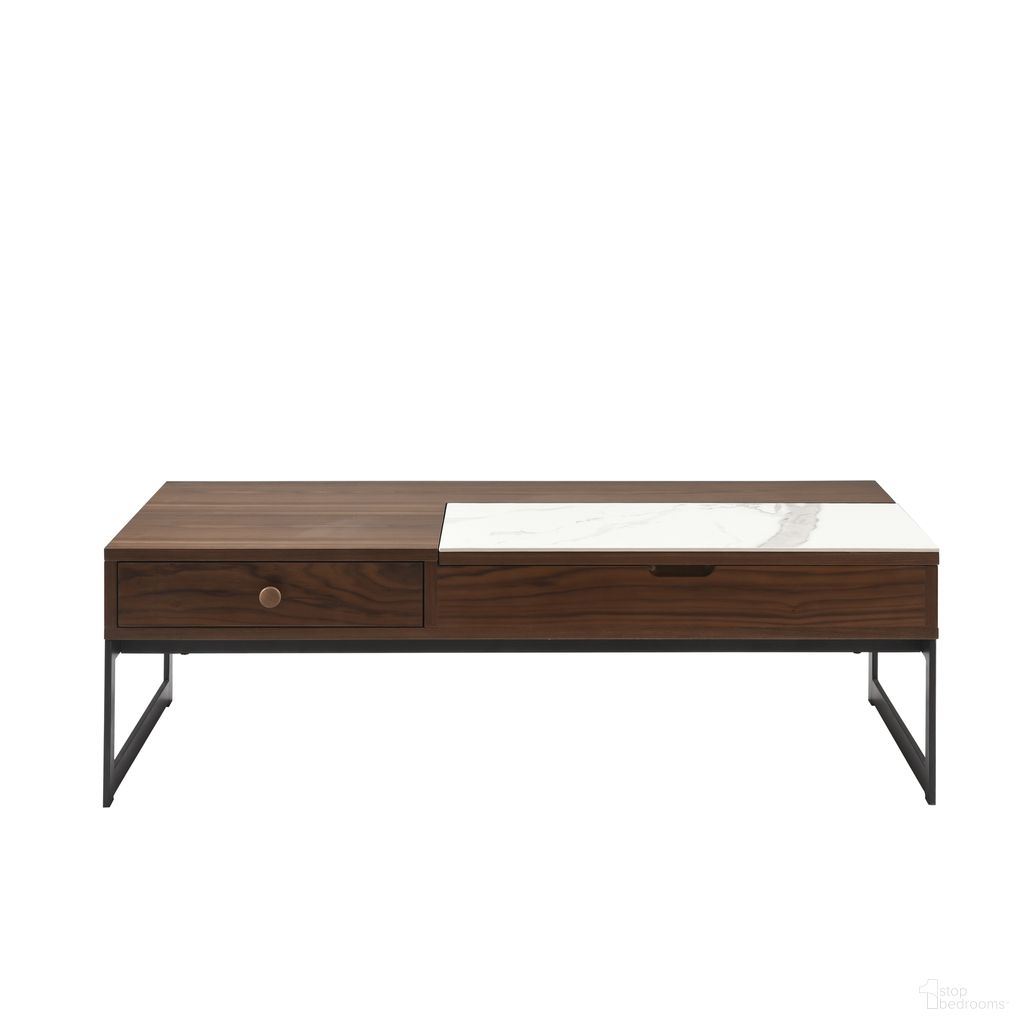 The appearance of Faye Rectangular Lift-Top Coffee Table with Sintered Stone Panel and Metal Base In Walnut and Black designed by Armen Living in the transitional interior design. This walnut and black piece of furniture was selected by 1StopBedrooms from Faye Collection to add a touch of cosiness and style into your home. Sku: LCFECOGRYAC. Material: Stone.