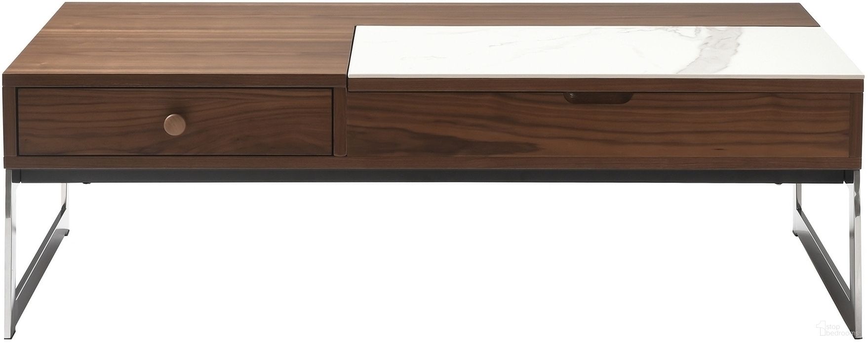 The appearance of Faye Rectangular Lift-Top Coffee Table with Sintered Stone Panel In Walnut and Stainless Steel designed by Armen Living in the transitional interior design. This walnut/stainless steel piece of furniture was selected by 1StopBedrooms from Faye Collection to add a touch of cosiness and style into your home. Sku: LCFECOSSAC. Material: Stone.
