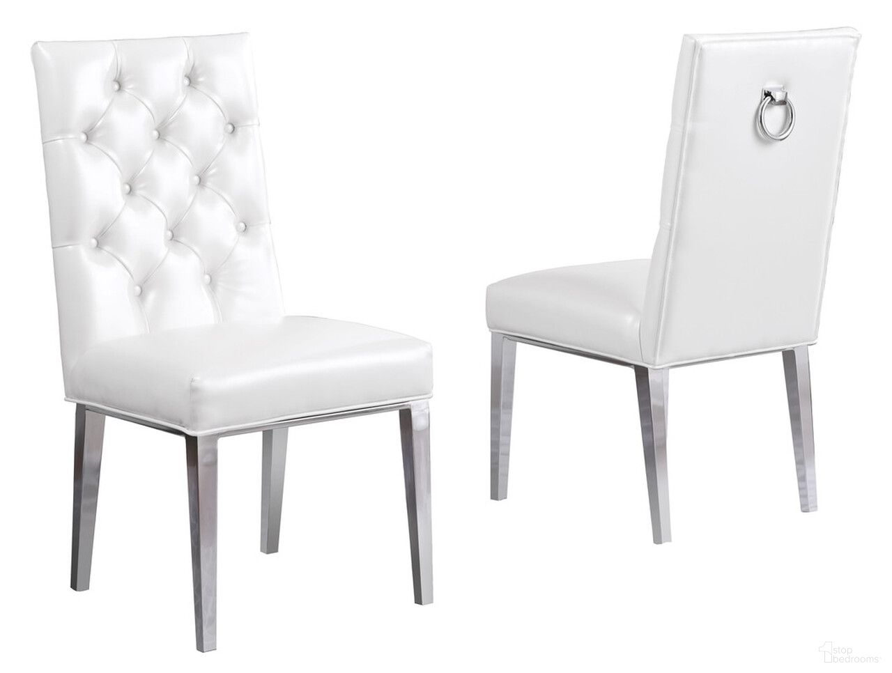 Fed Tufted Side Chairs Set of 2 In White Faux Leather and Silver Chrome Legs