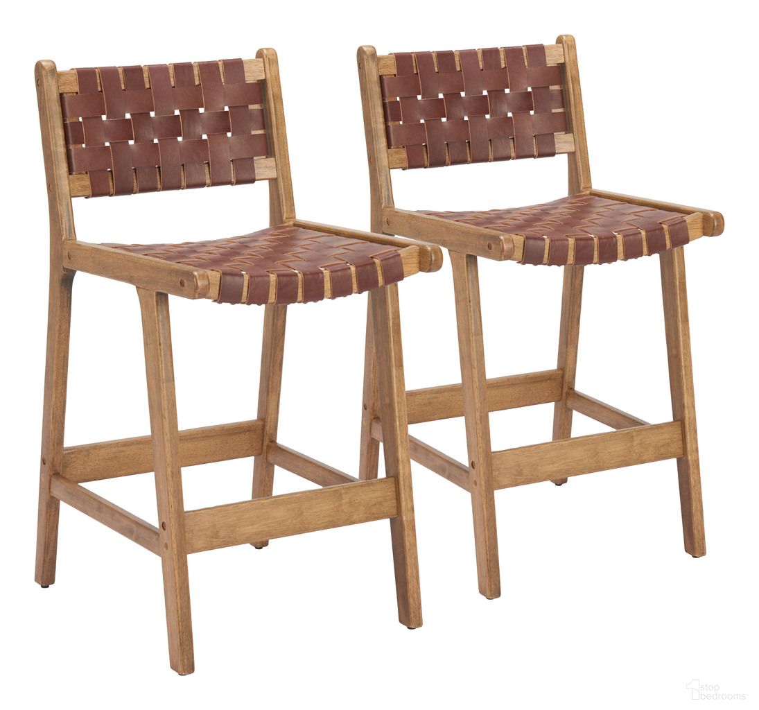 The appearance of Feder Counter Stool Set of 2 In Brown designed by Zuo Modern in the modern / contemporary interior design. This brown piece of furniture  was selected by 1StopBedrooms from Feder Collection to add a touch of cosiness and style into your home. Sku: 110692. Material: Leather.