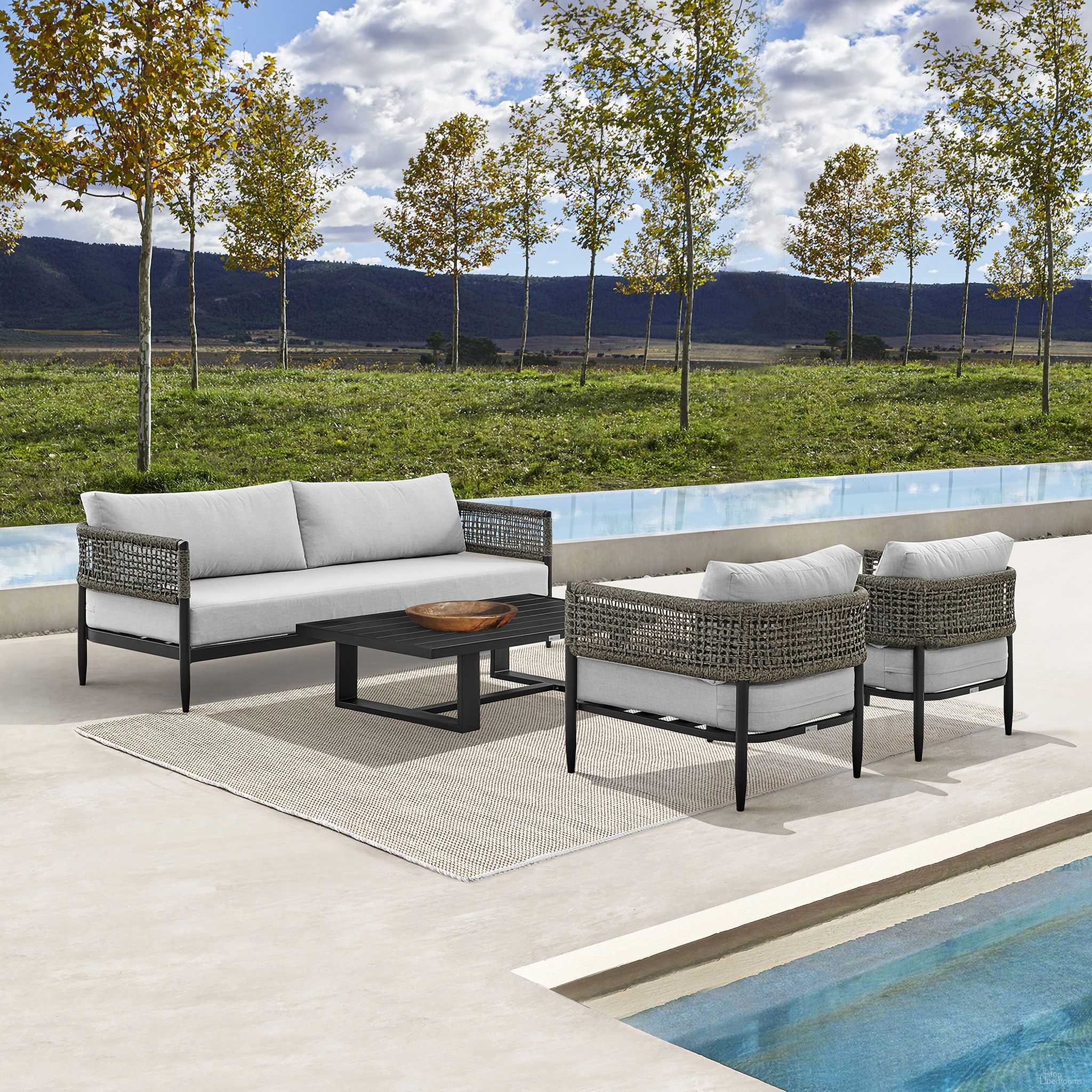 The appearance of Felicia 4-Piece Outdoor Black Aluminum and Rope Conversation Set with Light Gray Fabric Cushions designed by Armen Living in the modern / contemporary interior design. This light gray piece of furniture was selected by 1StopBedrooms from Felicia Collection to add a touch of cosiness and style into your home. Sku: 840254334137;840254334144;840254334151;840254334168. Material: Aluminum.