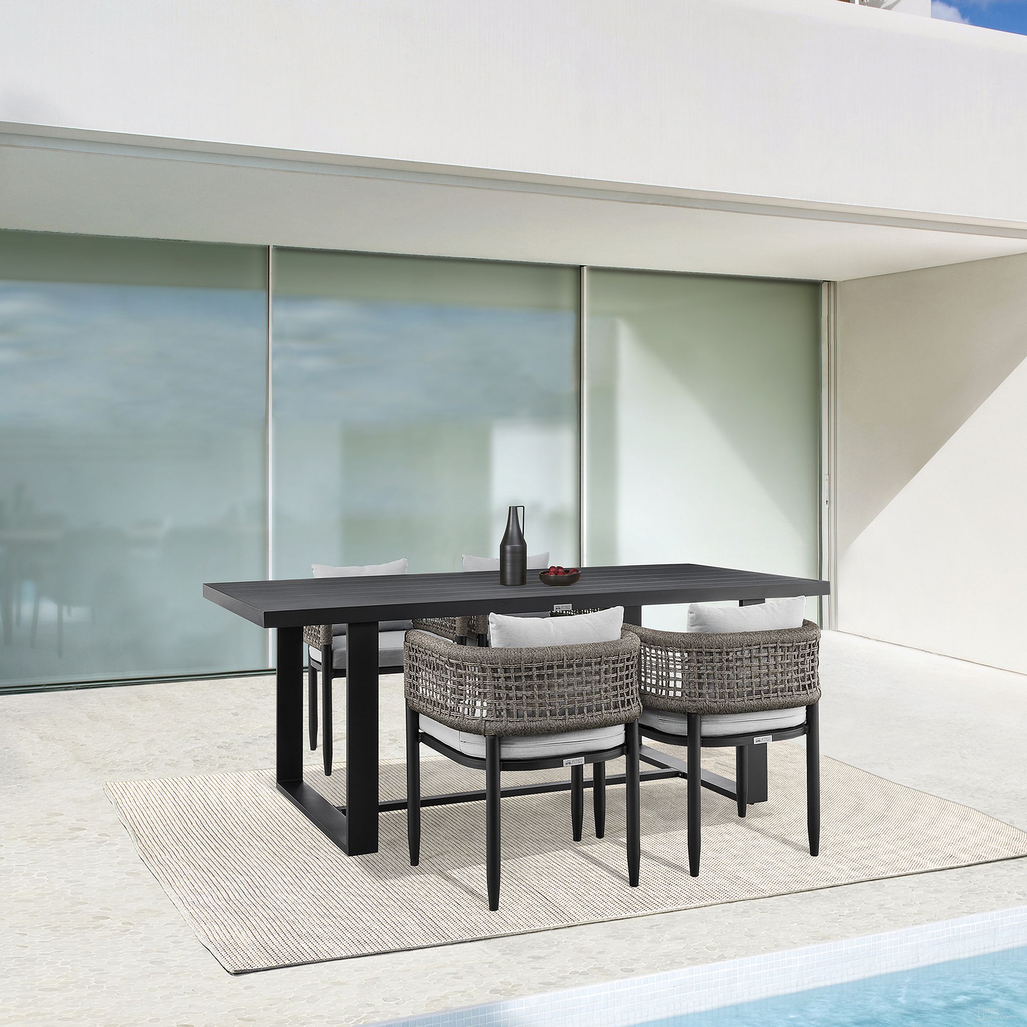 Felicia Outdoor Patio 5-Piece Dining Table Set In Aluminum with Gray Rope and Cushions