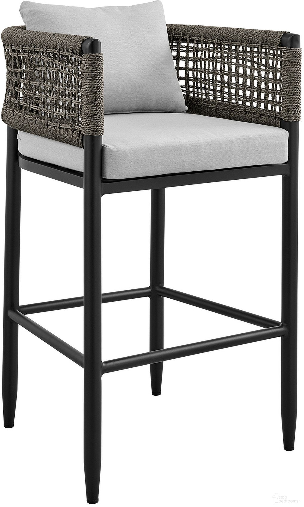 The appearance of Felicia Outdoor Patio Bar Stool In Aluminum with Gray Rope and Cushions designed by Armen Living in the modern / contemporary interior design. This light gray piece of furniture was selected by 1StopBedrooms from Felicia Collection to add a touch of cosiness and style into your home. Sku: 840254333116. Material: Aluminum.