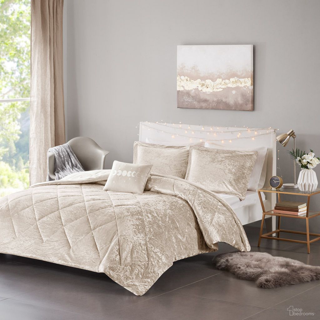 The appearance of Felicia Velvet 4 Piece Full/Queen Comforter Set with Throw Pillow In Champagne designed by Olliix in the glam interior design. This champagne piece of furniture was selected by 1StopBedrooms from Felicia Collection to add a touch of cosiness and style into your home. Sku: ID10-2401. Material: Polyester. Bed Size: Full.