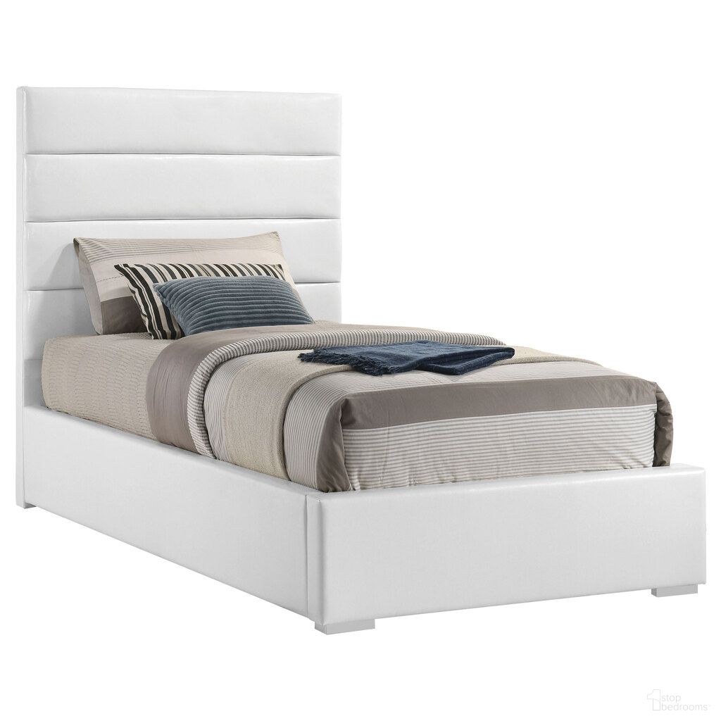 The appearance of Felicity 53 Inch Upholstered Twin Platform Bed In White designed by Coaster in the modern / contemporary interior design. This white piece of furniture  was selected by 1StopBedrooms from Felicity Collection to add a touch of cosiness and style into your home. Sku: 203511TB1;203511TB2. Bed Size: Twin. Material: Foam. Bed Type: Upholstered Bed.