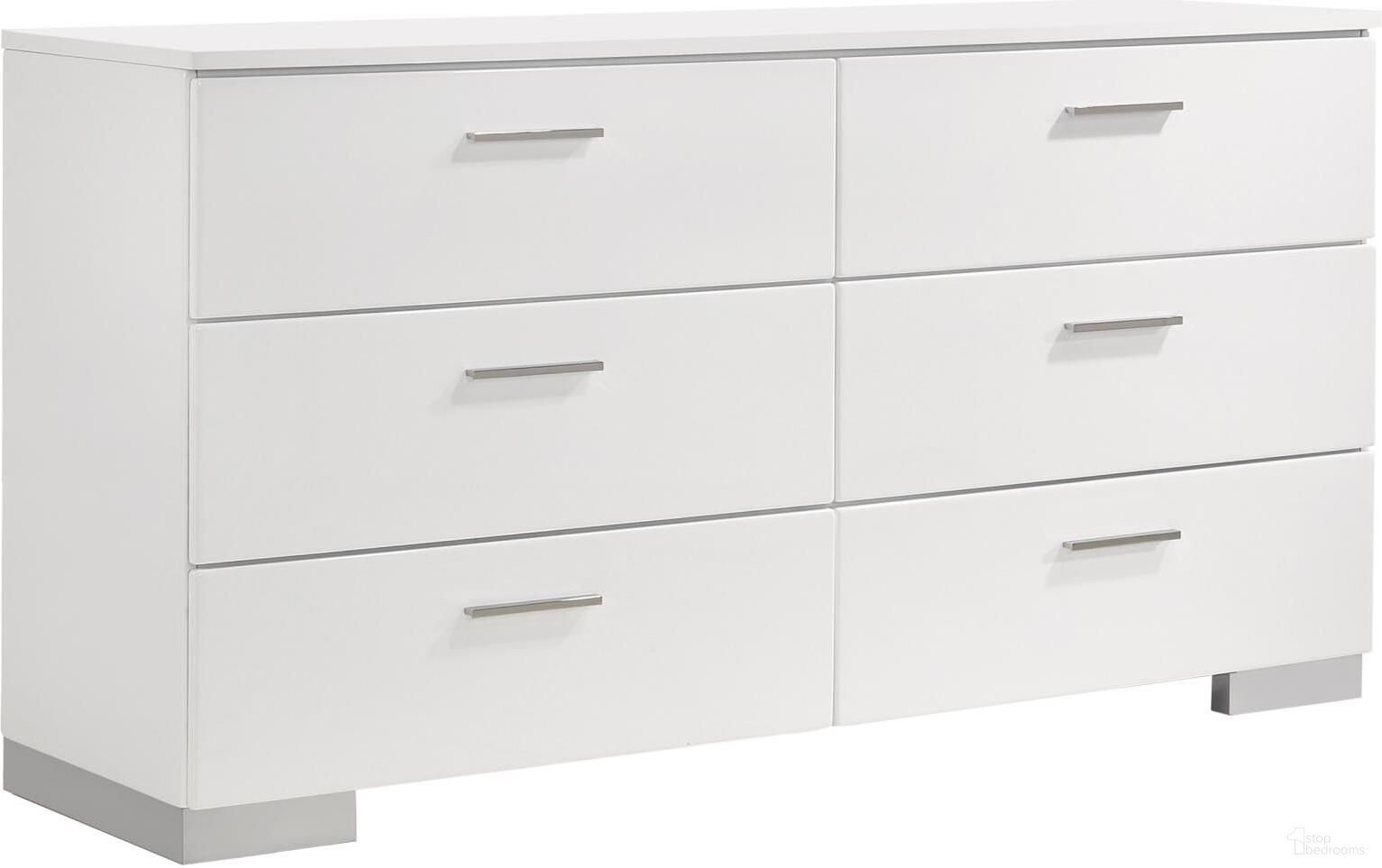 The appearance of Felicity 6-drawer Dresser Glossy White designed by Coaster in the modern / contemporary interior design. This white high gloss piece of furniture was selected by 1StopBedrooms from Felicity Collection to add a touch of cosiness and style into your home. Sku: 203503. Material: Wood.