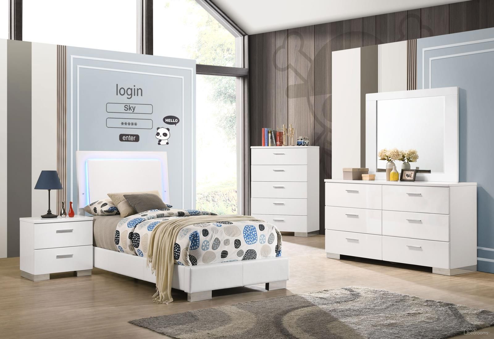 The appearance of Felicity Youth Bedroom Set In Glossy White designed by Coaster in the modern / contemporary interior design. This white high gloss piece of furniture was selected by 1StopBedrooms from Felicity Collection to add a touch of cosiness and style into your home. Sku: 203500TB1;203500TB2;203502. Bed Type: Panel Bed. Material: Wood. Bed Size: Twin.