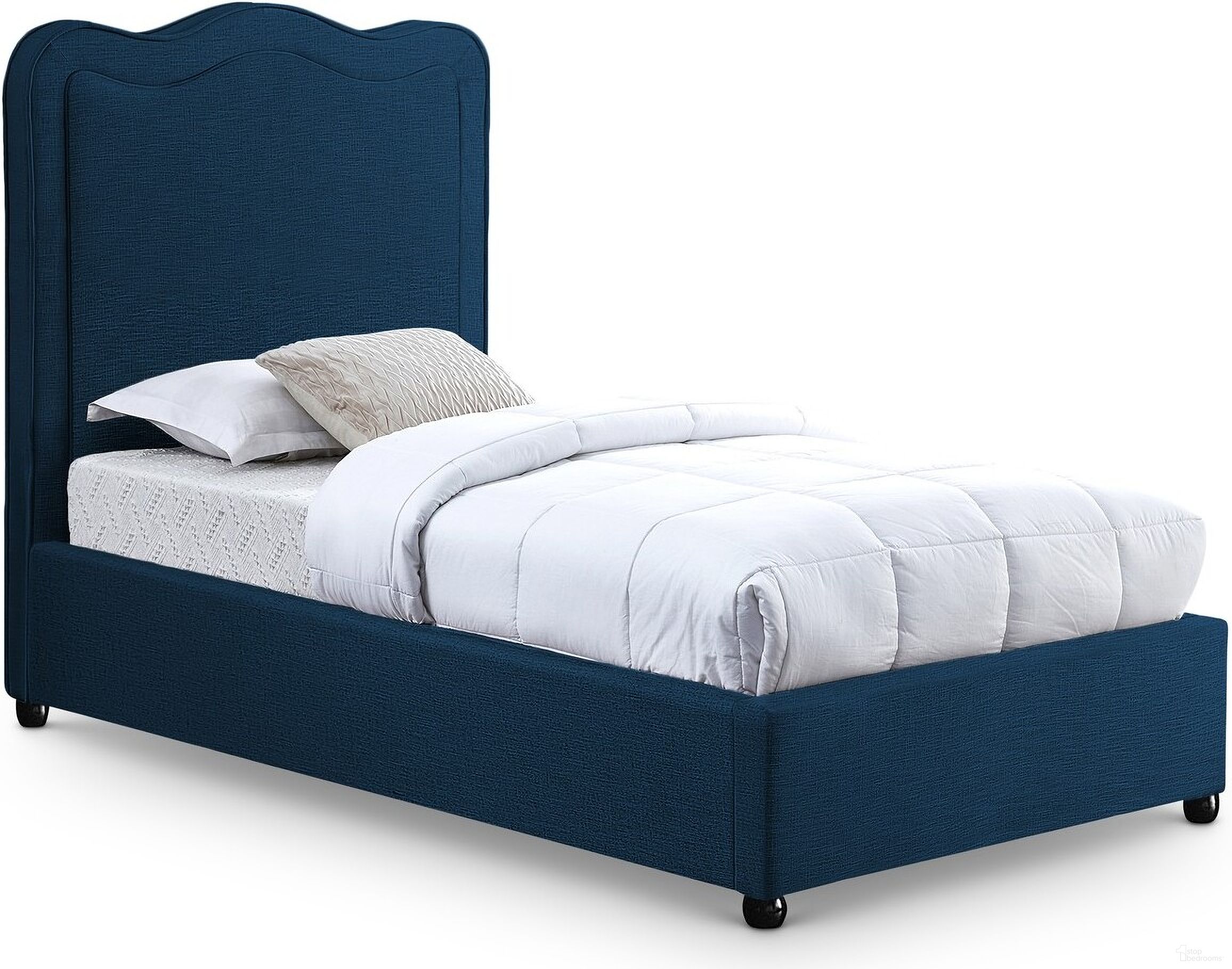The appearance of Felix Linen Textured Fabric Twin Bed In Navy designed by Meridian in the transitional interior design. This navy piece of furniture  was selected by 1StopBedrooms from Felix Collection to add a touch of cosiness and style into your home. Sku: FelixNavy-T Box 1/2 (Headboard / Slats);FelixNavy-T Box 2/2 (Siderails / Footboard / Legs). Bed Type: Panel Bed. Material: Wood. Bed Size: Twin.
