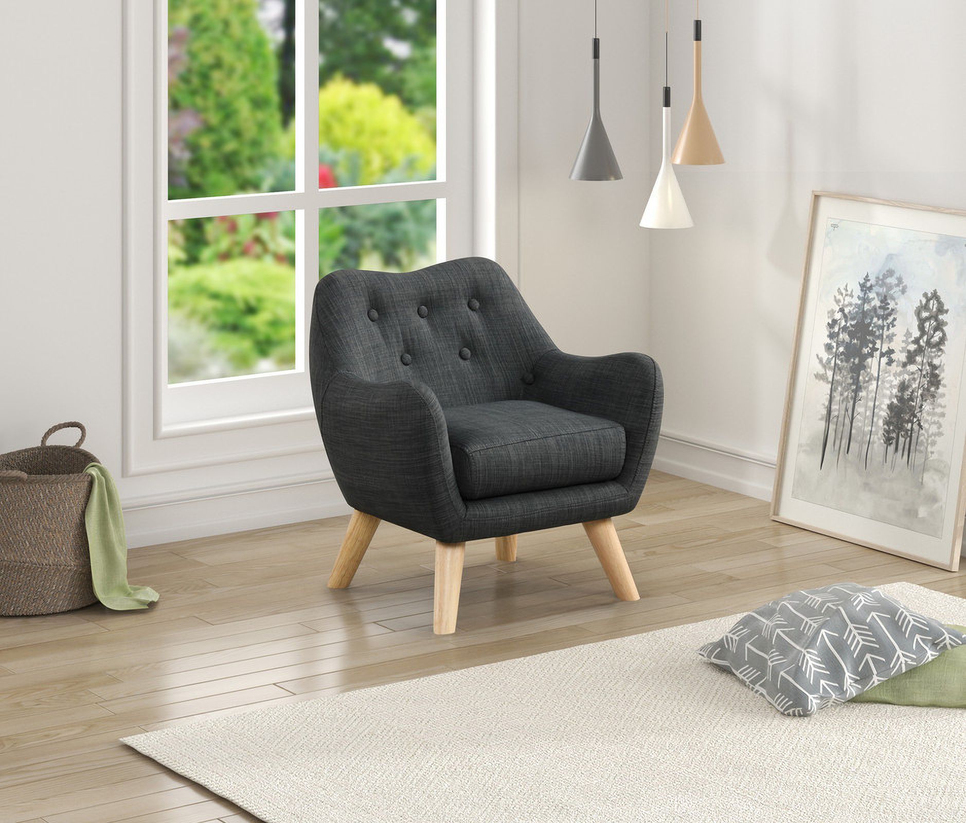 The appearance of Fenix 19.5 Inch Linen Kids Chair with Button Tufted Back and Wooden Legs In Gray designed by Lilola Home in the transitional interior design. This gray piece of furniture was selected by 1StopBedrooms from Fenix Collection to add a touch of cosiness and style into your home. Sku: 88839. Material: Wood.