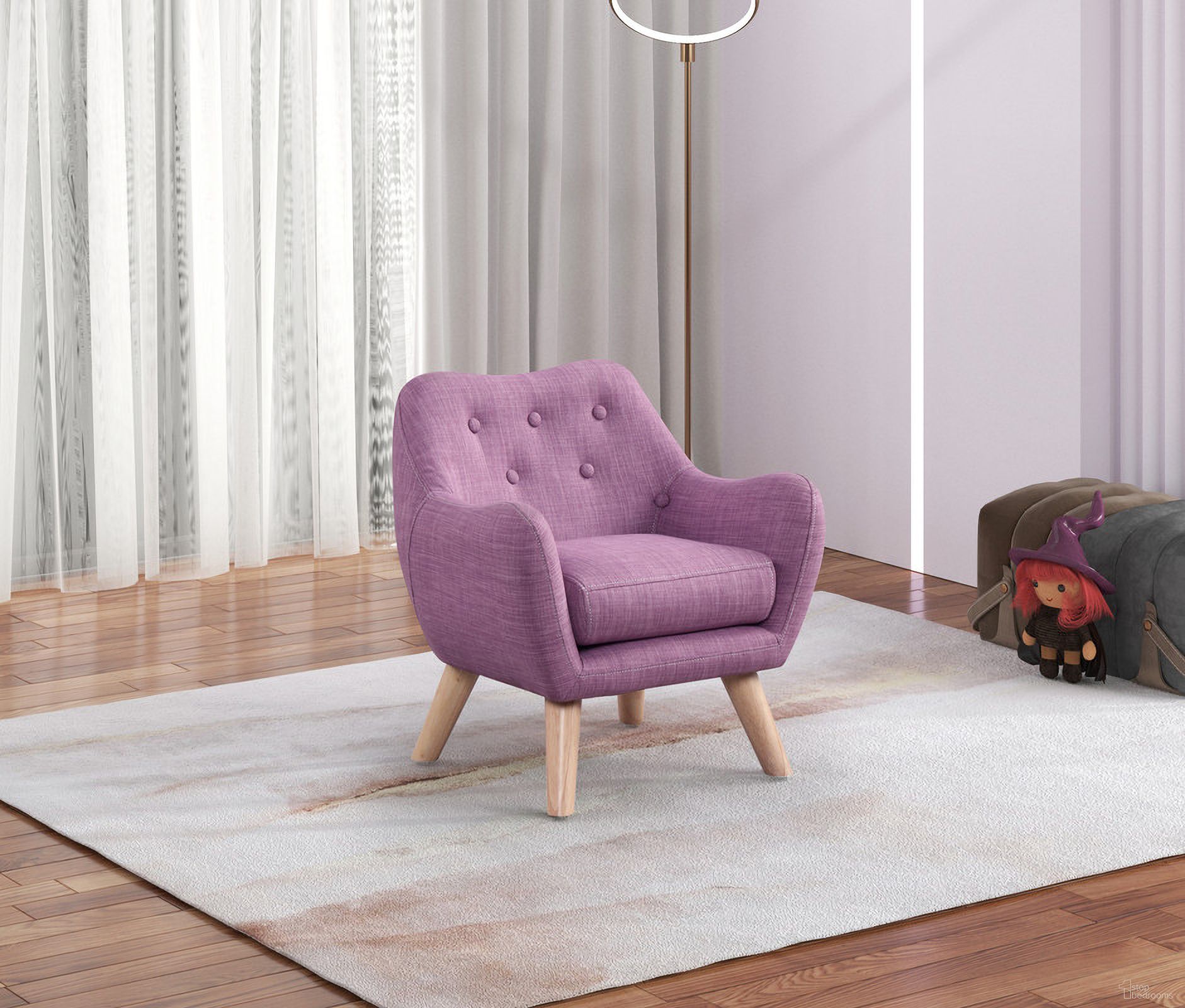 The appearance of Fenix 19.5 Inch Linen Kids Chair with Button Tufted Back and Wooden Legs In Pink designed by Lilola Home in the transitional interior design. This pink piece of furniture was selected by 1StopBedrooms from Fenix Collection to add a touch of cosiness and style into your home. Sku: 88838. Material: Wood.