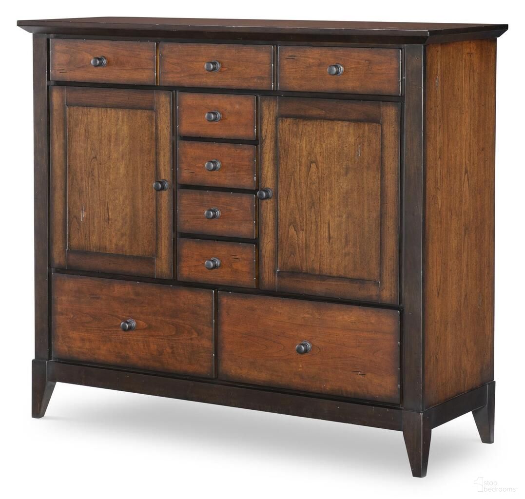 The appearance of Fenmore Door Drawer Chest In Mocha and Distressed Cherry designed by Legacy Classic in the traditional interior design. This mocha and distressed cherry piece of furniture was selected by 1StopBedrooms from Fenmore Collection to add a touch of cosiness and style into your home. Sku: 4130-2300. Material: Poplar Solid.