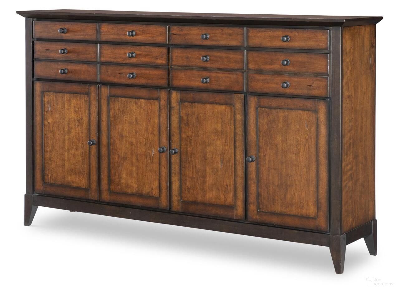 The appearance of Fenmore Credenza In Mocha and Distressed Cherry designed by Legacy Classic in the traditional interior design. This mocha and distressed cherry piece of furniture was selected by 1StopBedrooms from Fenmore Collection to add a touch of cosiness and style into your home. Sku: 4130-152. Material: Poplar Solid.