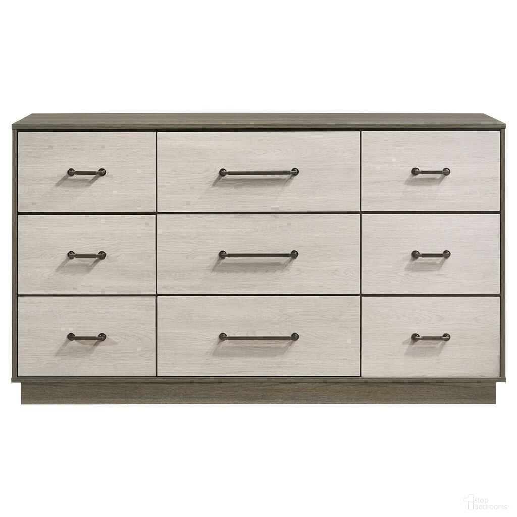 The appearance of Fenwick 9-Drawer Dresser In Grey Oak and Almond designed by Coaster in the modern / contemporary interior design. This grey oak/almond piece of furniture was selected by 1StopBedrooms from Fenwick Collection to add a touch of cosiness and style into your home. Sku: 224983. Material: MDF.